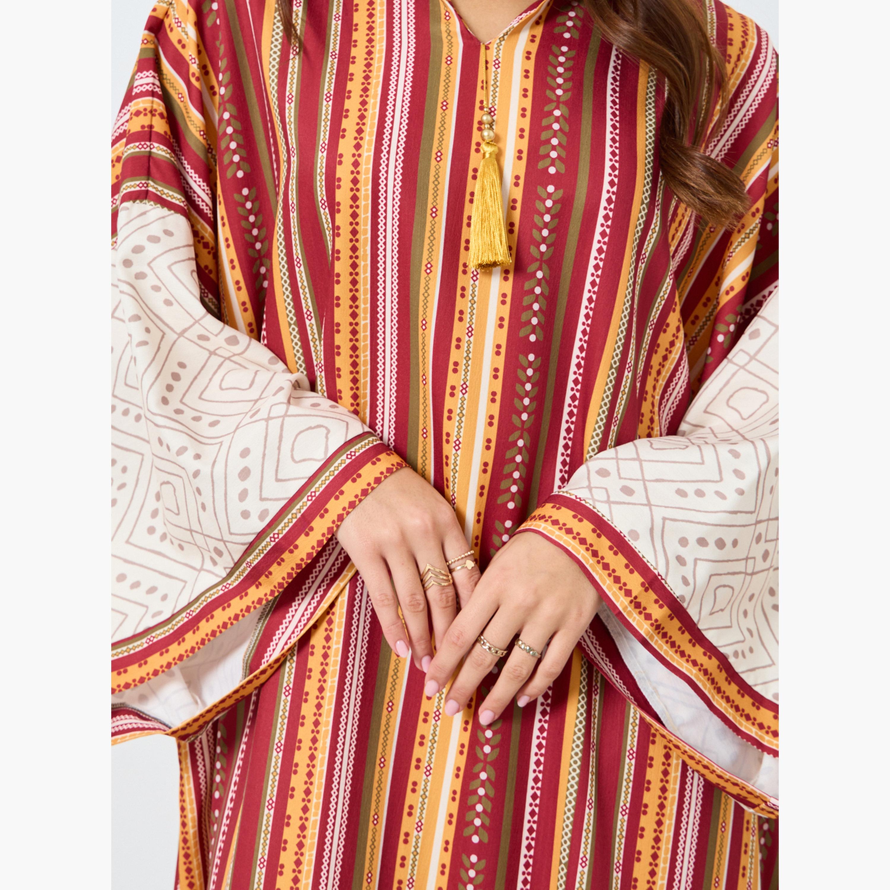 Keenly X Styli Striped Collared Tassel Embellished Jalabiya-women-arabicclothing-jalabiyas-image-4