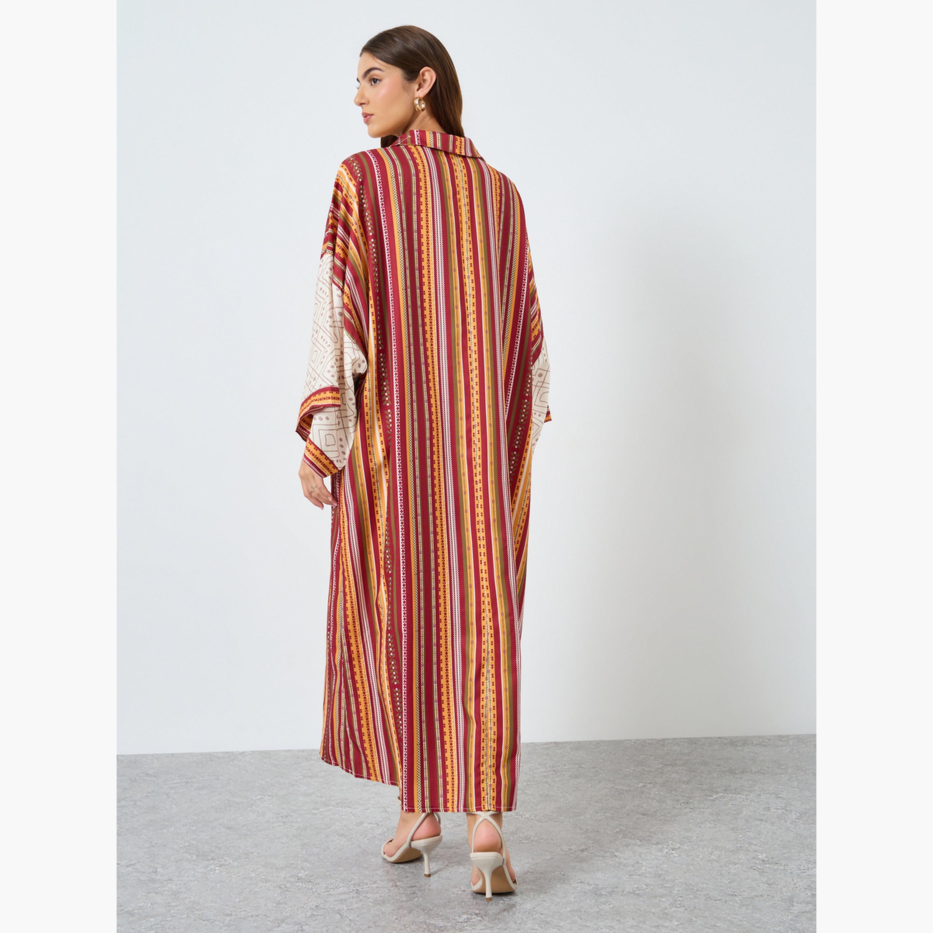 Keenly X Styli Striped Collared Tassel Embellished Jalabiya-women-arabicclothing-jalabiyas-image-5