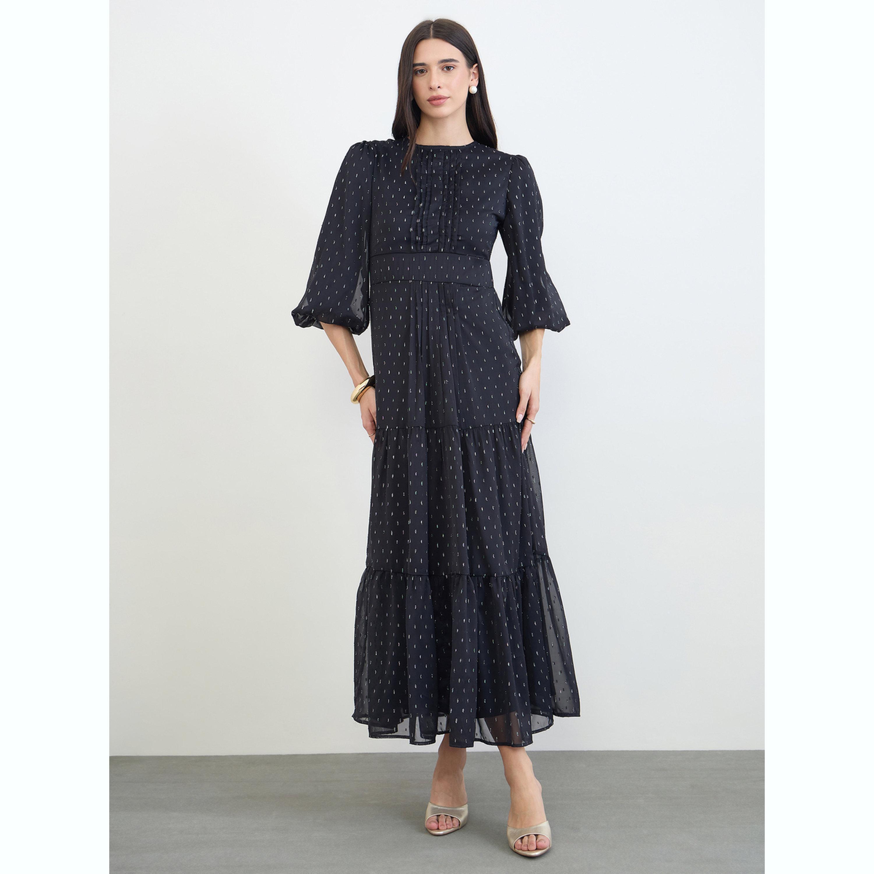 Styli Black Lurex Dobby 3/4 Sleeves Tiered Maxi Dress-women-clothing-dresses-image-1