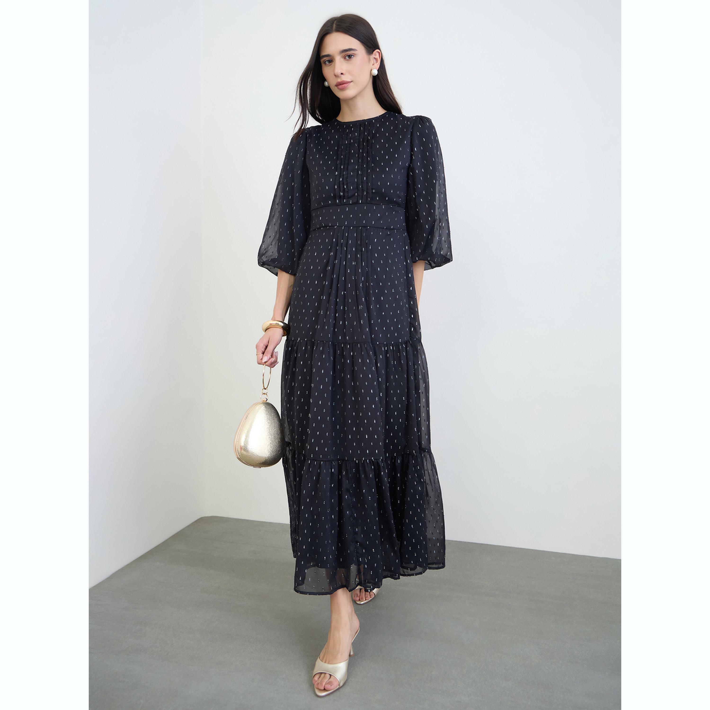 Styli Black Lurex Dobby 3/4 Sleeves Tiered Maxi Dress-women-clothing-dresses-image-2