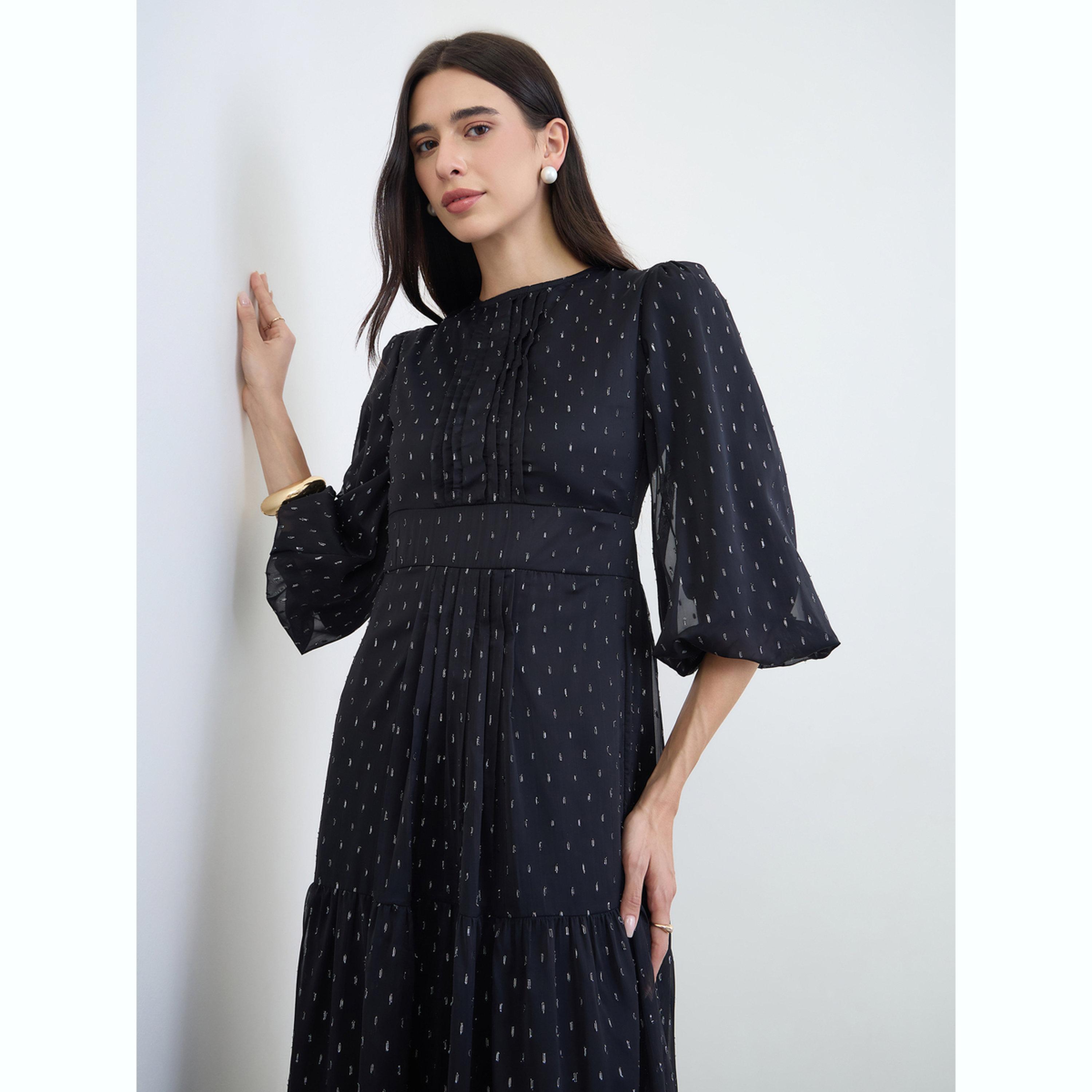 Styli Black Lurex Dobby 3/4 Sleeves Tiered Maxi Dress-women-clothing-dresses-image-3