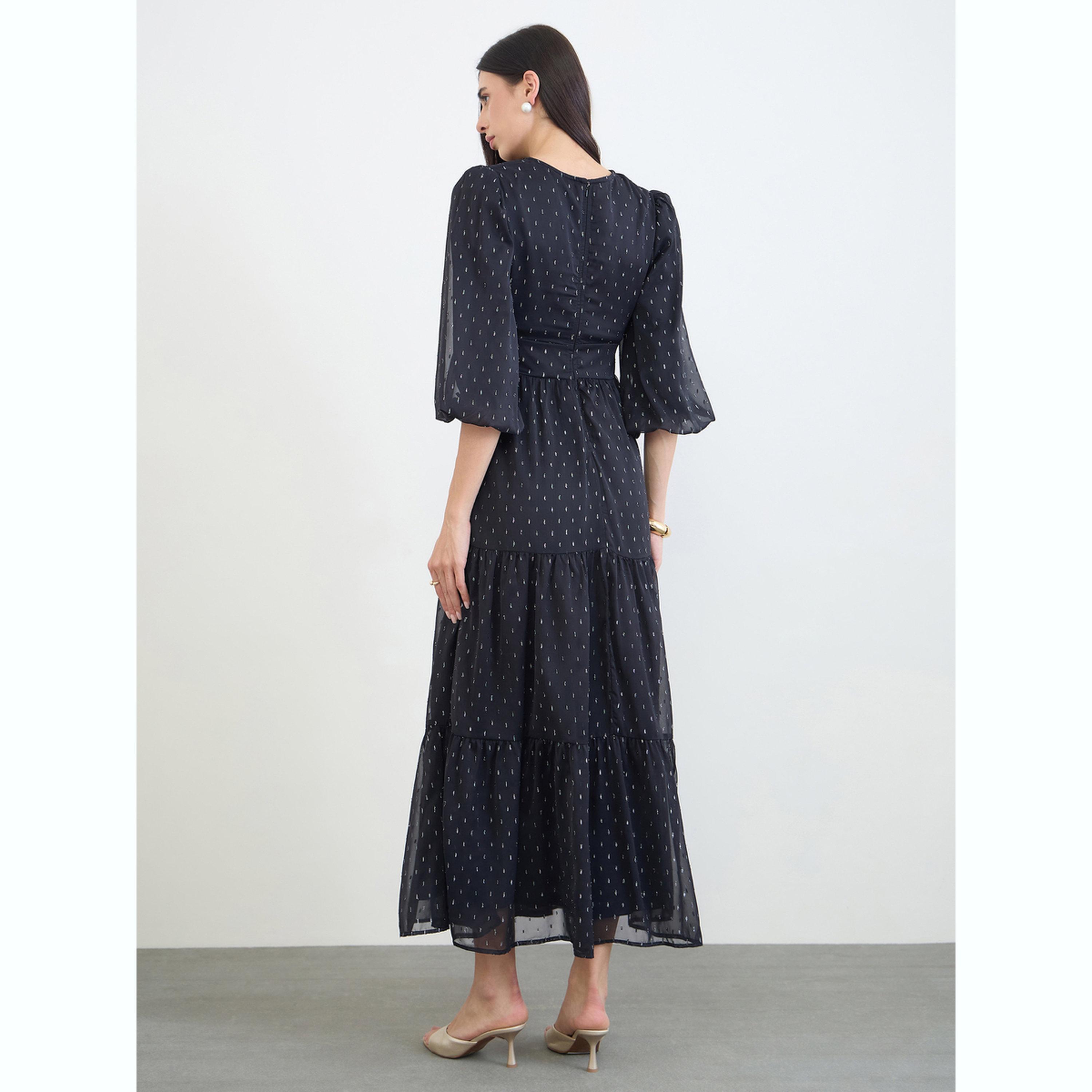 Styli Black Lurex Dobby 3/4 Sleeves Tiered Maxi Dress-women-clothing-dresses-image-4