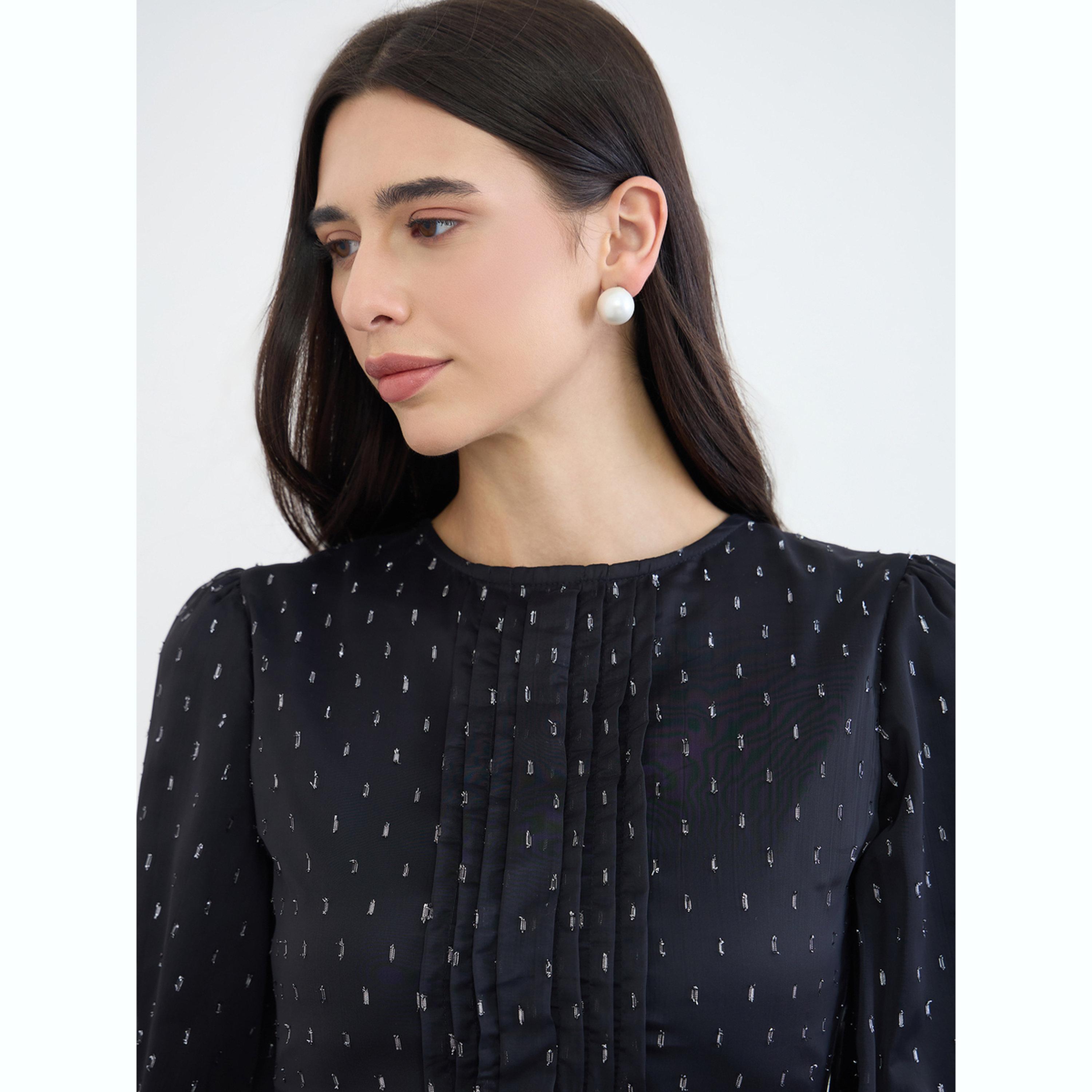 Styli Black Lurex Dobby 3/4 Sleeves Tiered Maxi Dress-women-clothing-dresses-image-5