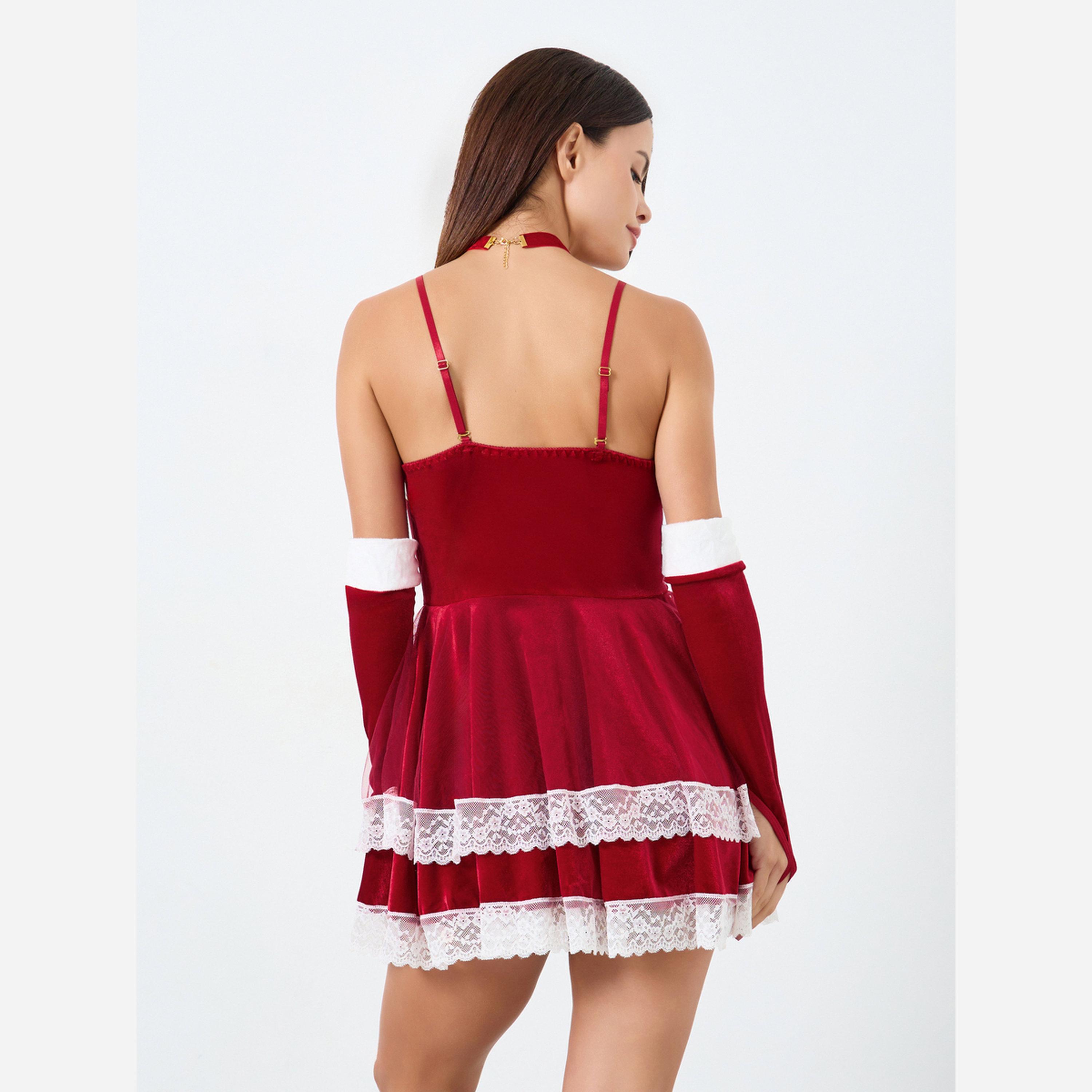 Take Two Color Blocked Fleece Balls Front Detail Lace Trim Velvet Bodysuit with Arm Sleeves and Necklace with Bell-women-clothing-lingerie-lingeriesets-image-4