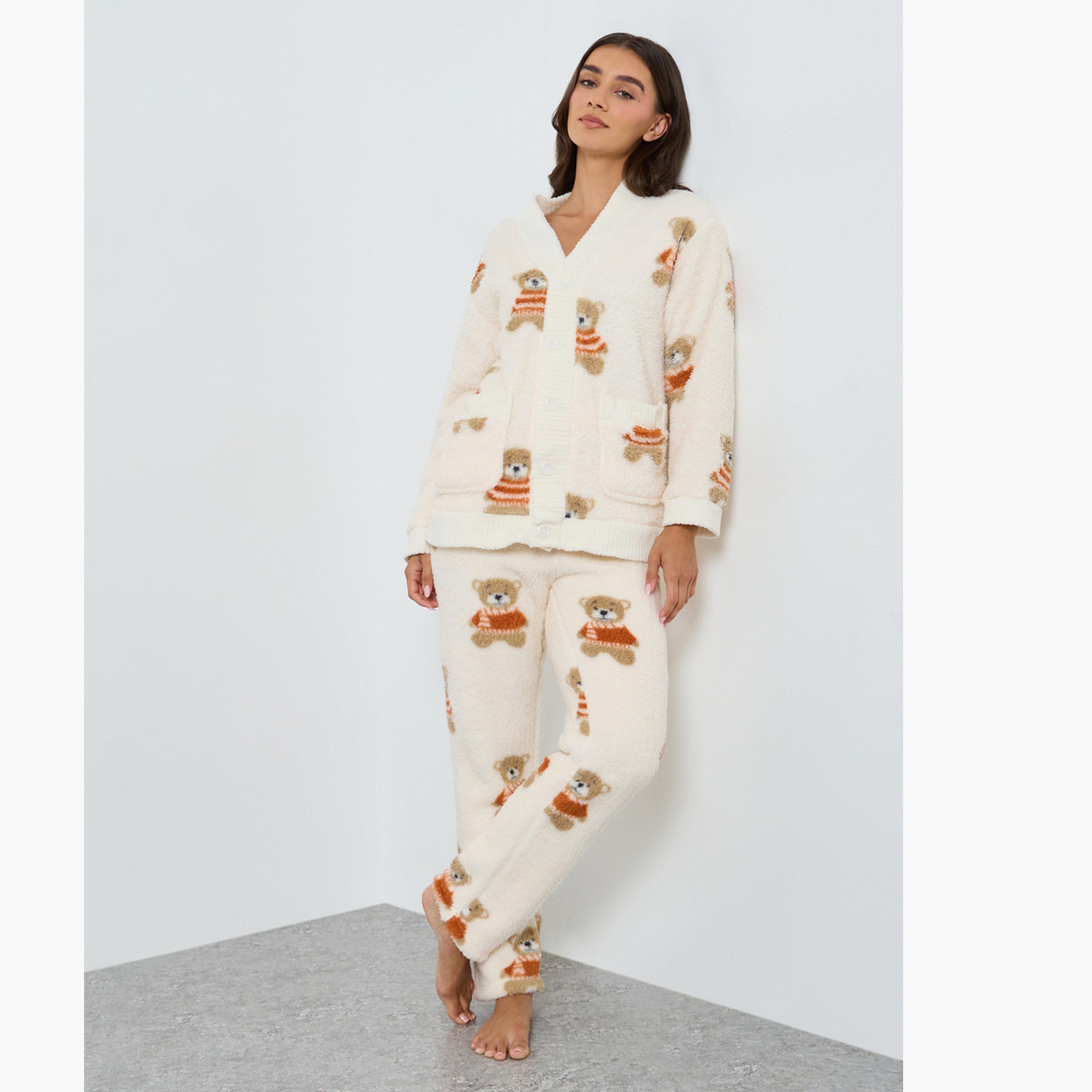 Take Two Fluffy Bear Print Top and Pyjama Set-women-clothing-nightwear-pyjamas-longsets-image-1