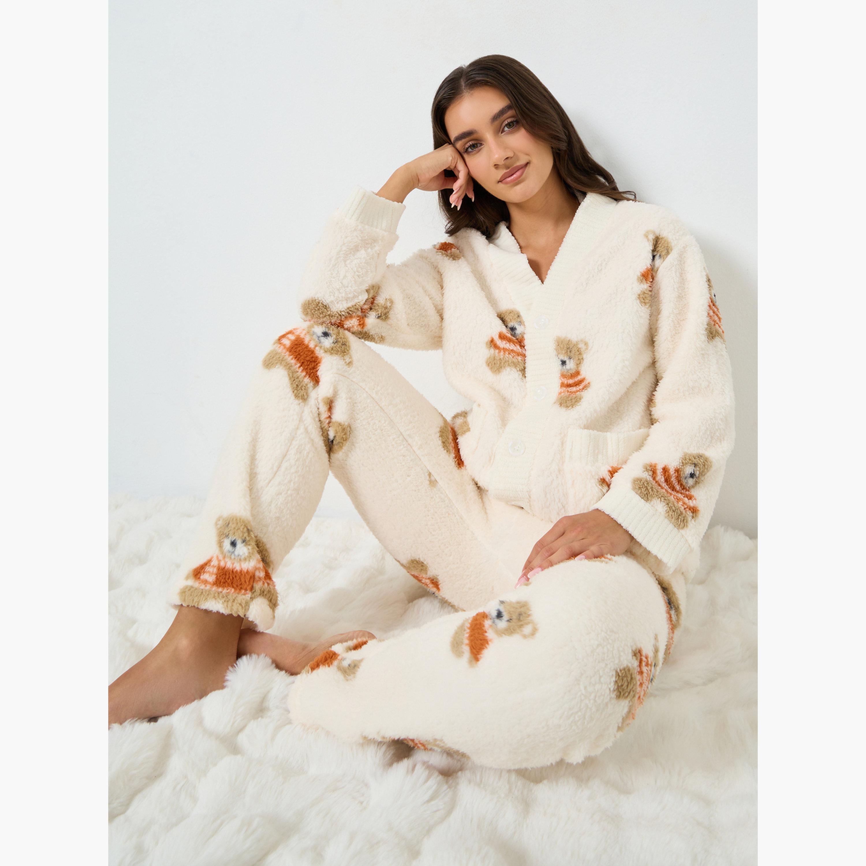 Take Two Fluffy Bear Print Top and Pyjama Set-women-clothing-nightwear-pyjamas-longsets-image-2