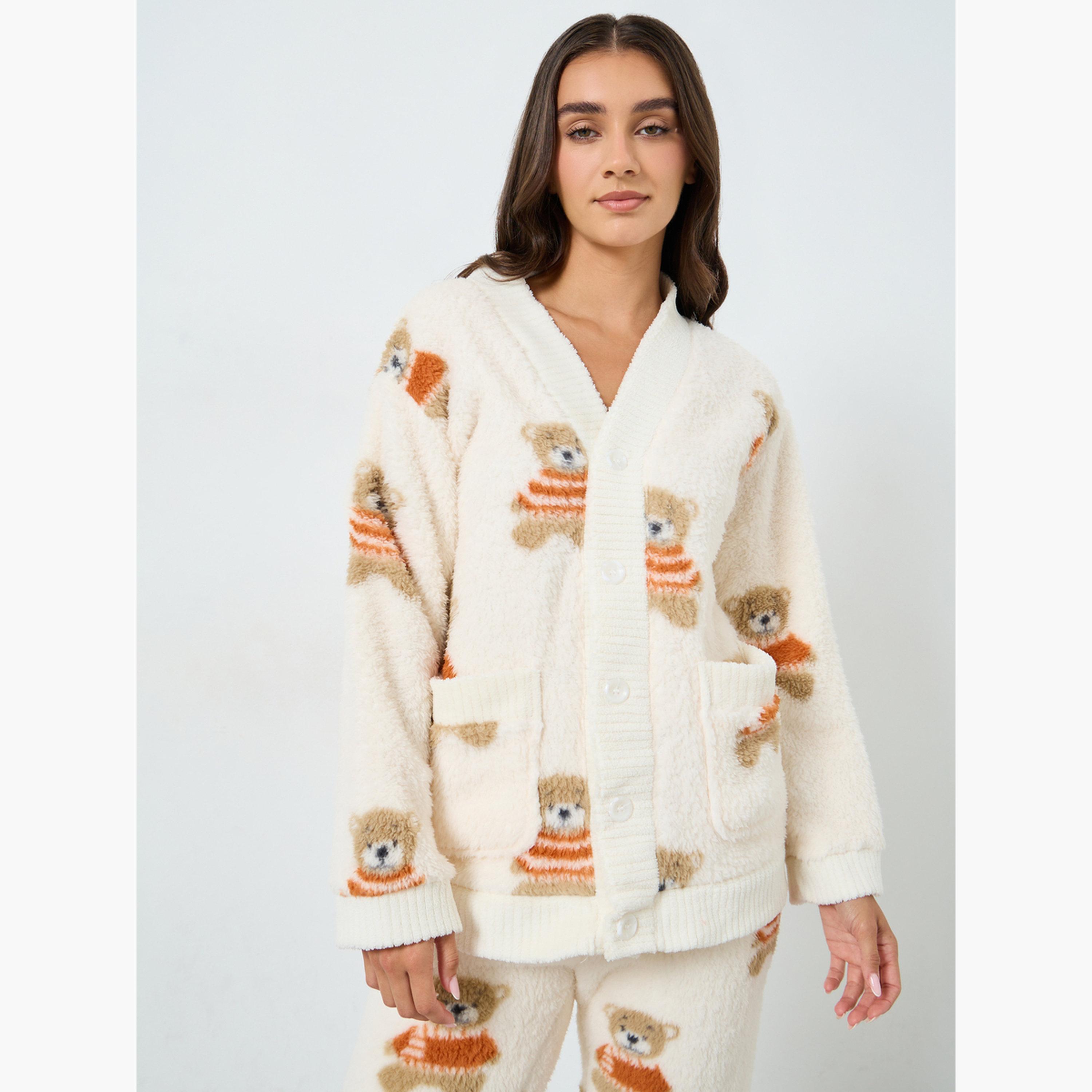 Take Two Fluffy Bear Print Top and Pyjama Set-women-clothing-nightwear-pyjamas-longsets-image-3