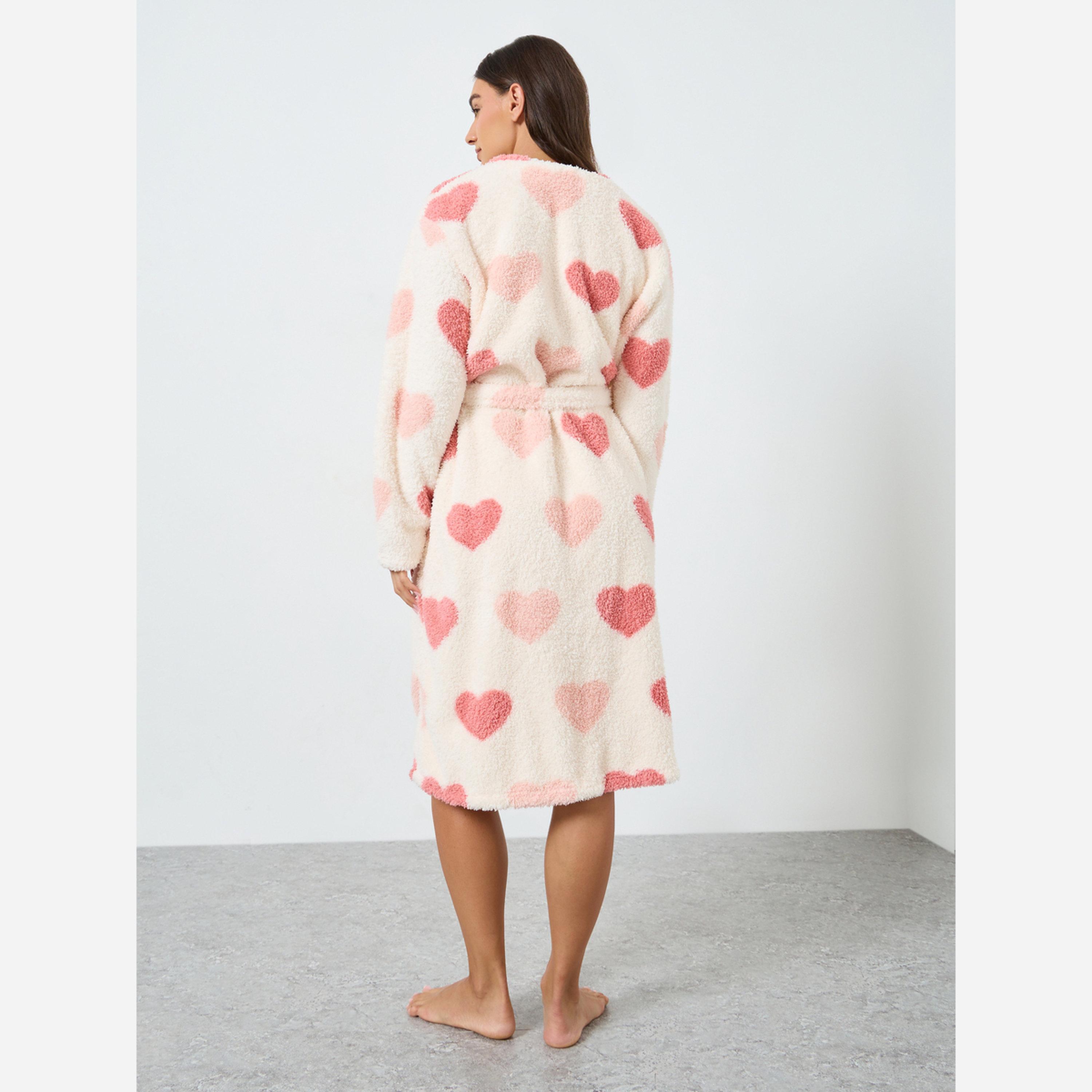 تيك تو - روب نسائي مفتوح من الأمام مزين بطبعة قلوب الحب مع حزام-women-clothing-nightwear-robes-image-4