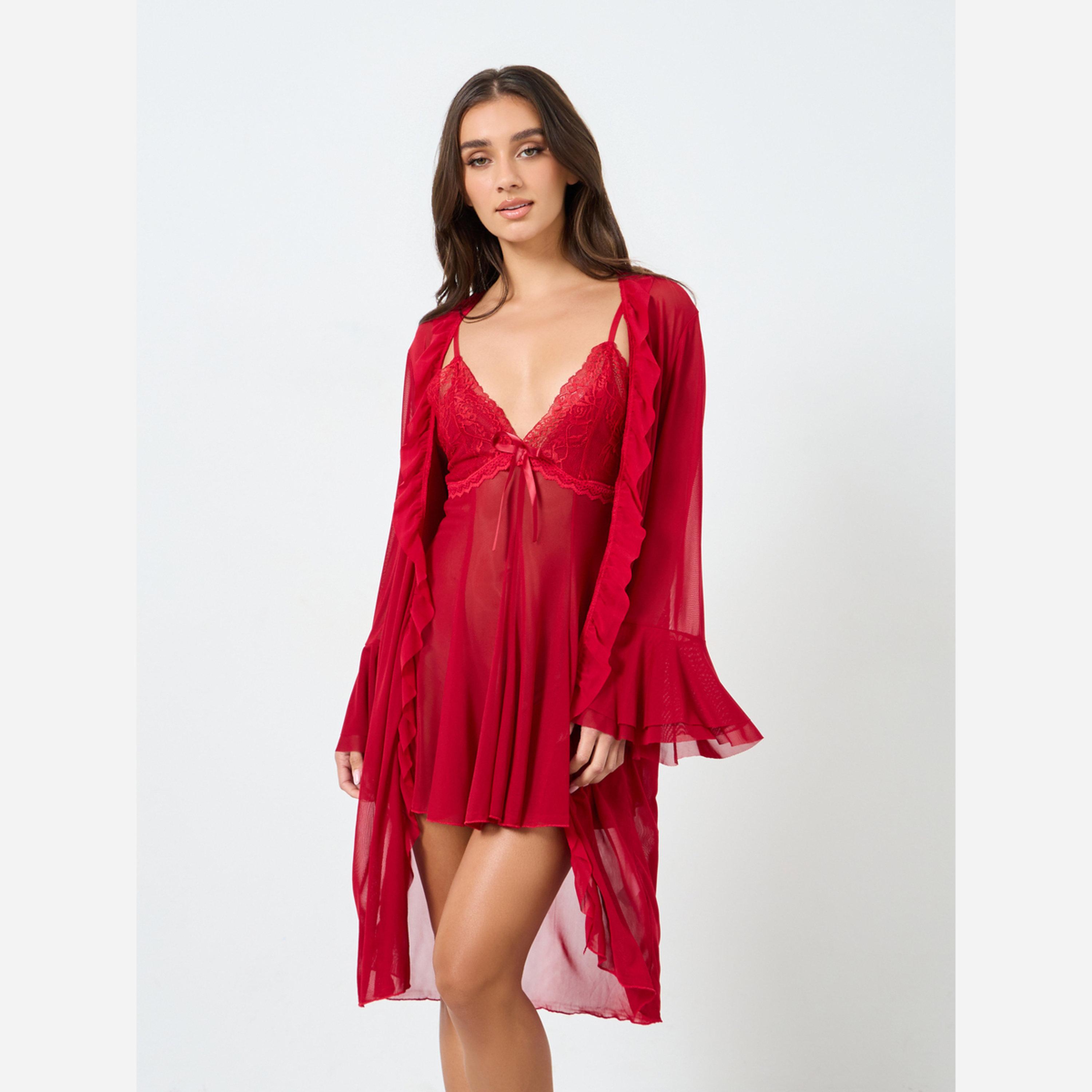 تيك تو - فستان لون أحمر أكمام واسعة مشبكة مزين بفيونكة-women-clothing-nightwear-robes-image-1