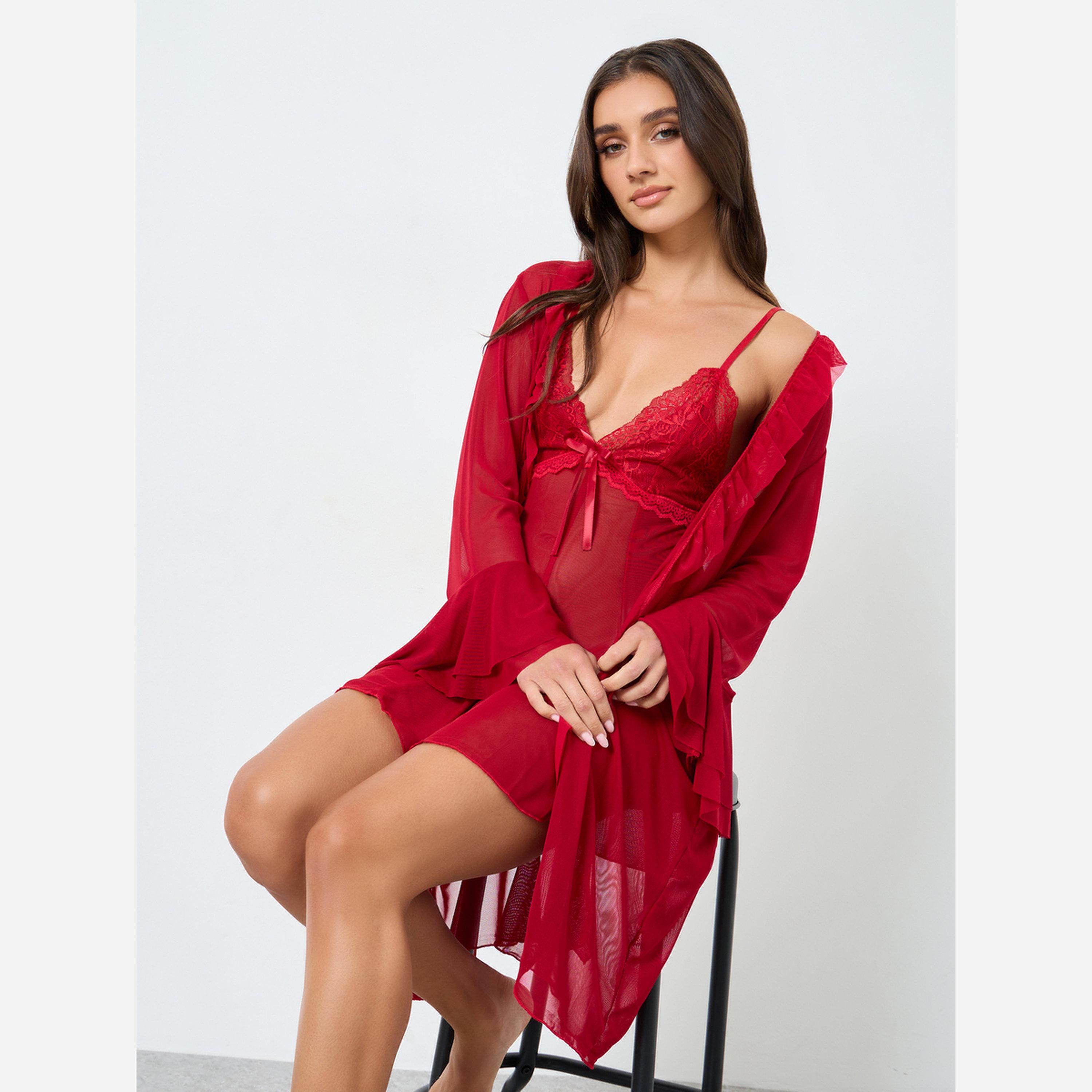 Take Two Red Mesh Flare Sleeve Robe with Bow Detail Cami Dress Set-women-clothing-nightwear-robes-image-2
