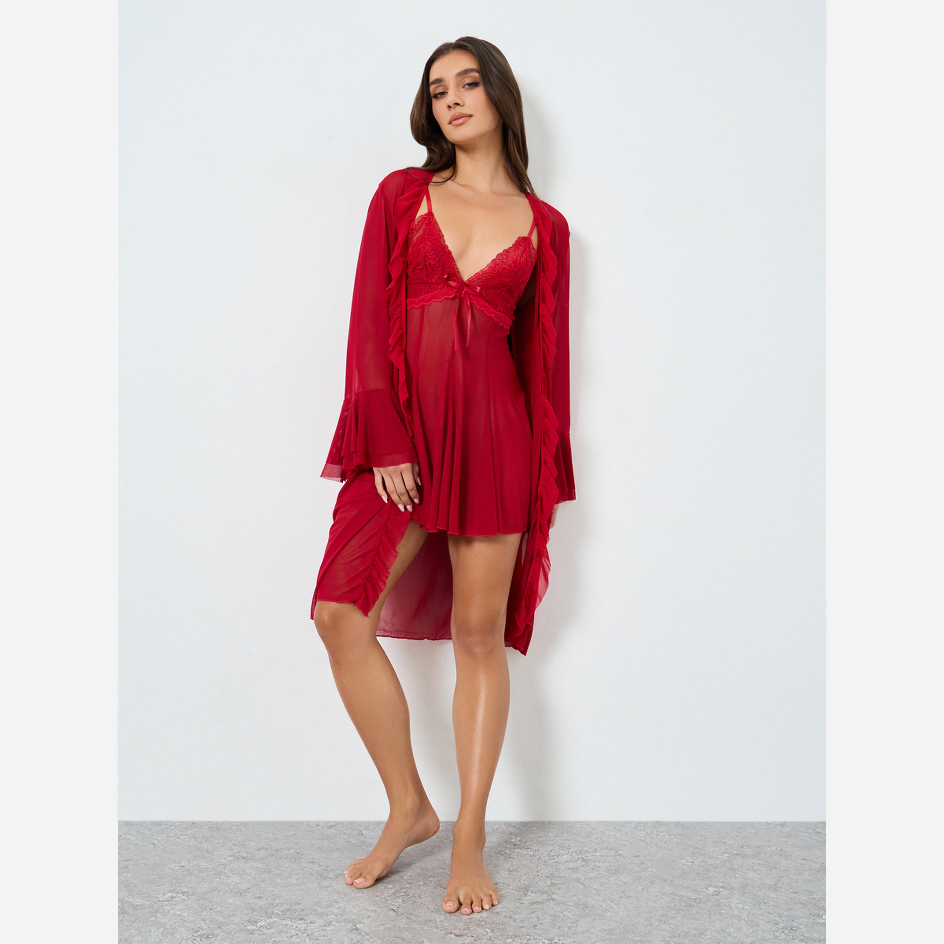 Take Two Red Mesh Flare Sleeve Robe with Bow Detail Cami Dress Set-women-clothing-nightwear-robes-image-3