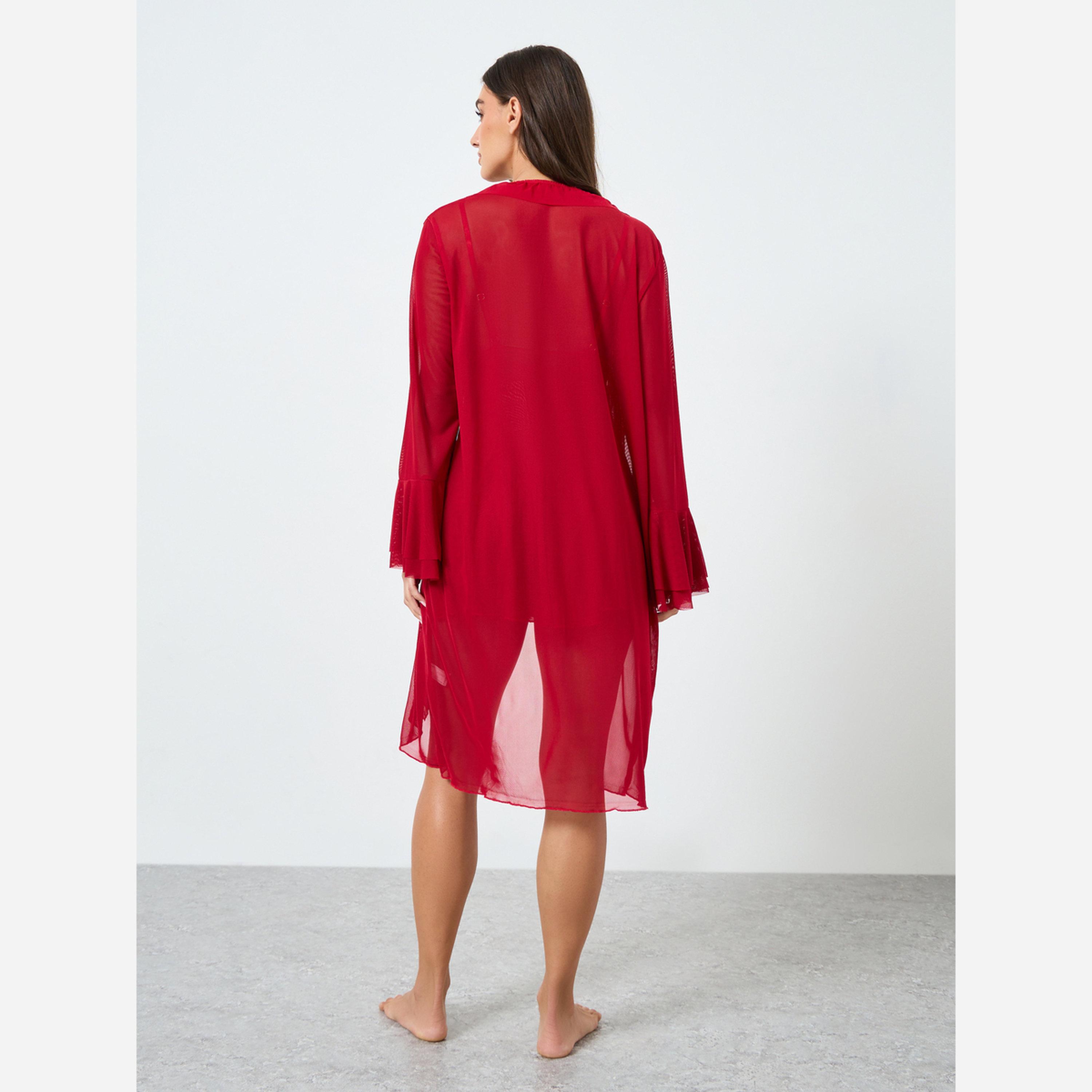 Take Two Red Mesh Flare Sleeve Robe with Bow Detail Cami Dress Set-women-clothing-nightwear-robes-image-5