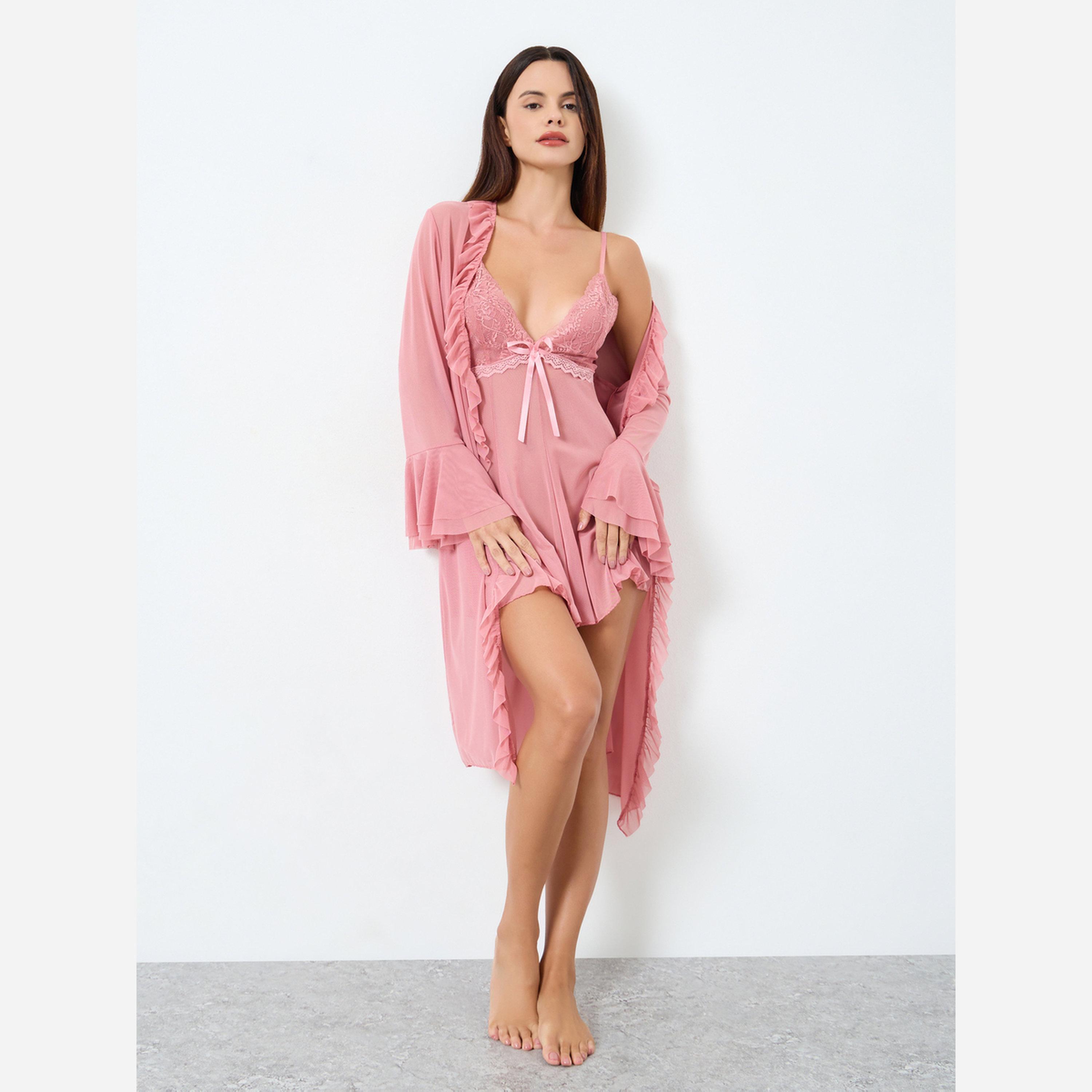 تيك تو - فستان أكمام واسعة قماش مشبك مطرز بدانتيل وزين بفيونكة-women-clothing-nightwear-robes-image-1