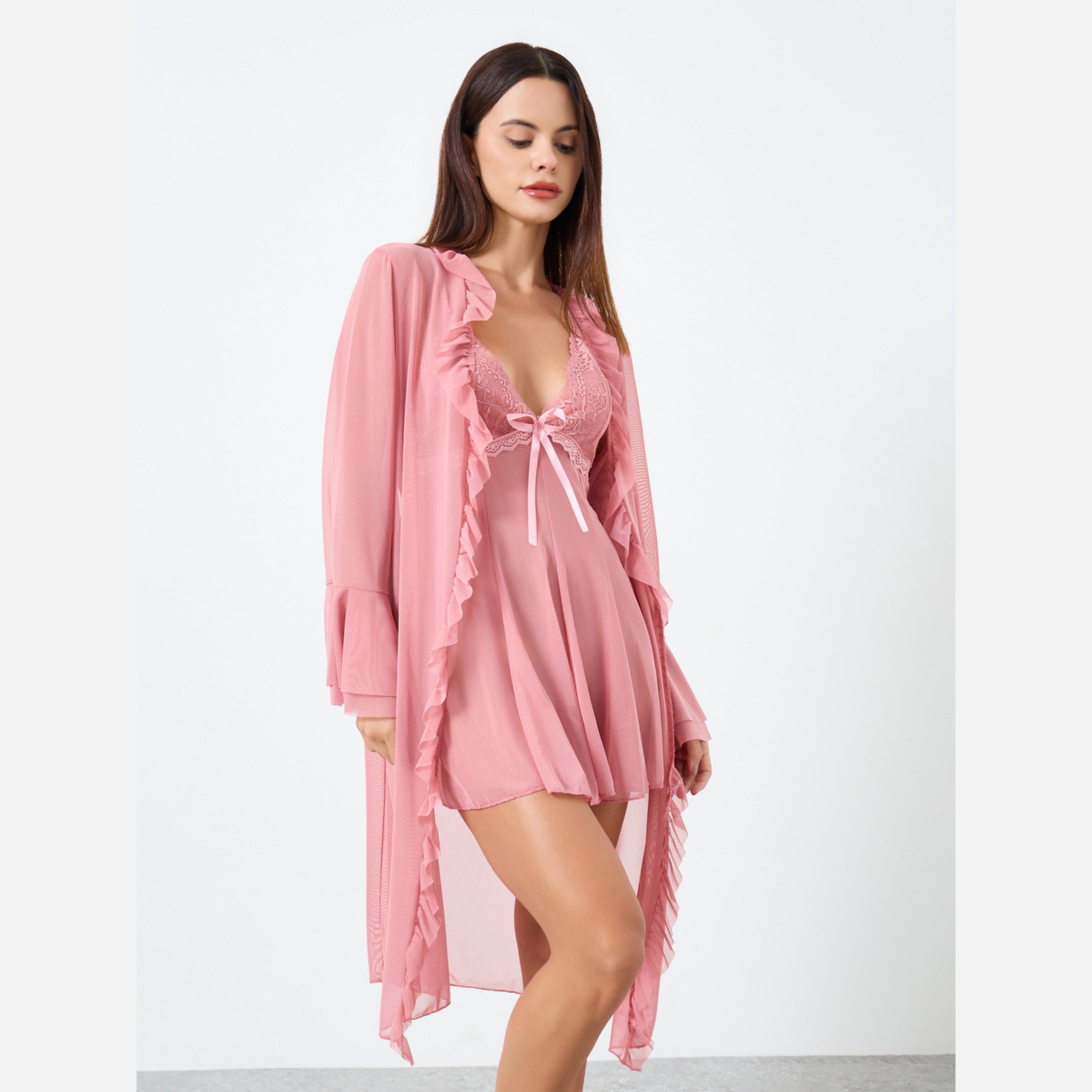 تيك تو - فستان أكمام واسعة قماش مشبك مطرز بدانتيل وزين بفيونكة-women-clothing-nightwear-robes-image-2