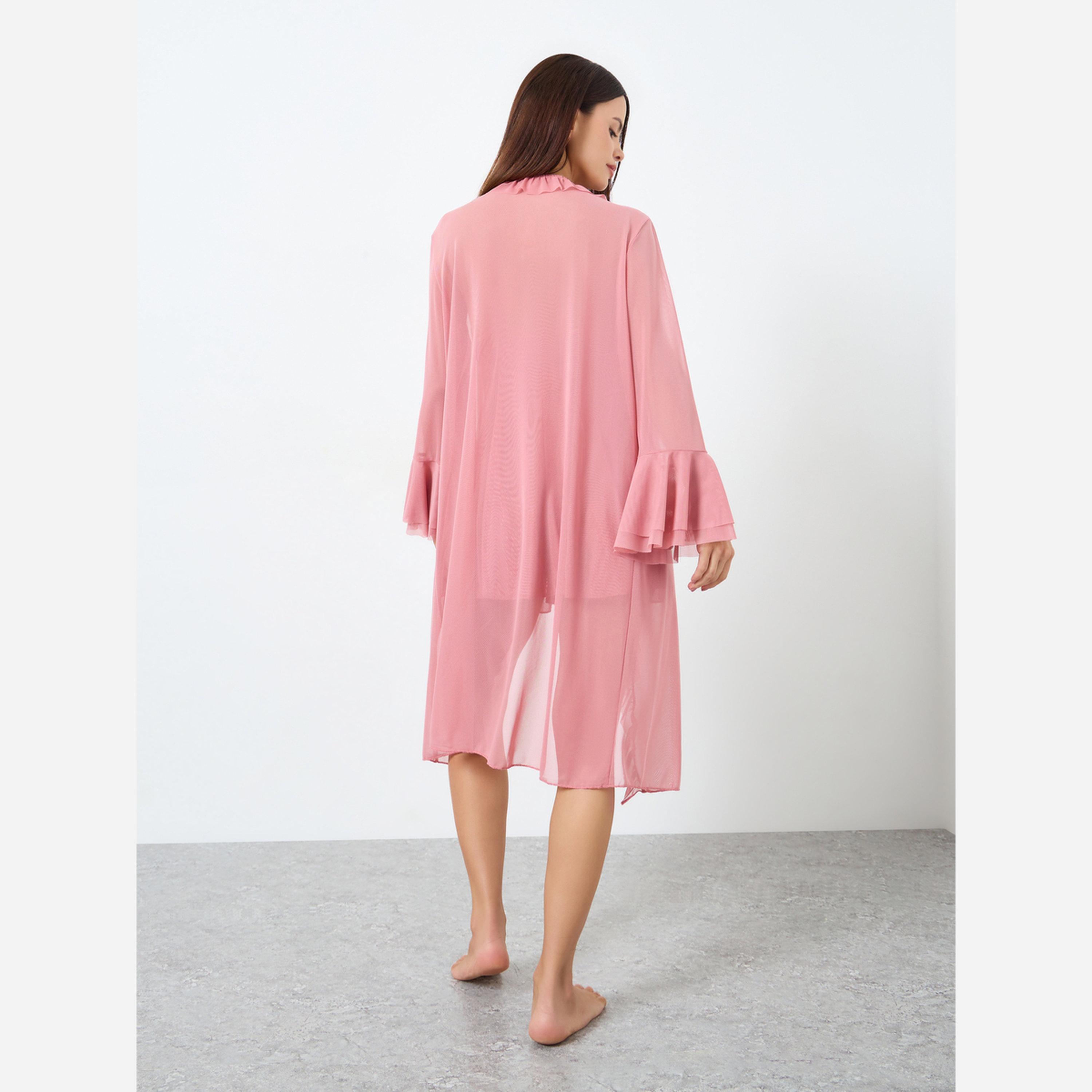 تيك تو - فستان أكمام واسعة قماش مشبك مطرز بدانتيل وزين بفيونكة-women-clothing-nightwear-robes-image-6