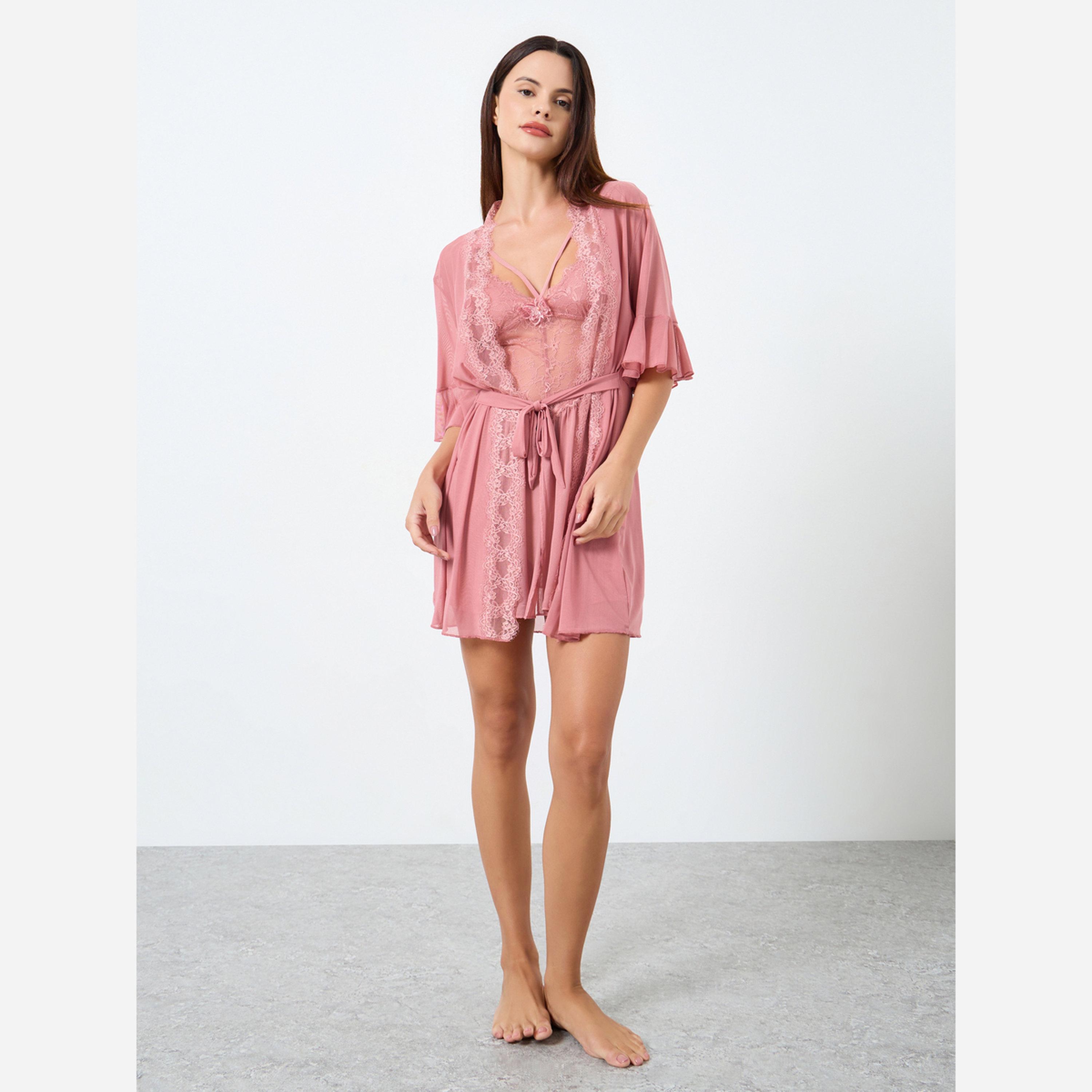 تيك تو - فستان مشبك مطرز بالدانتيل ومزين بحواف دانتيل مشبكة-women-clothing-nightwear-robes-image-2