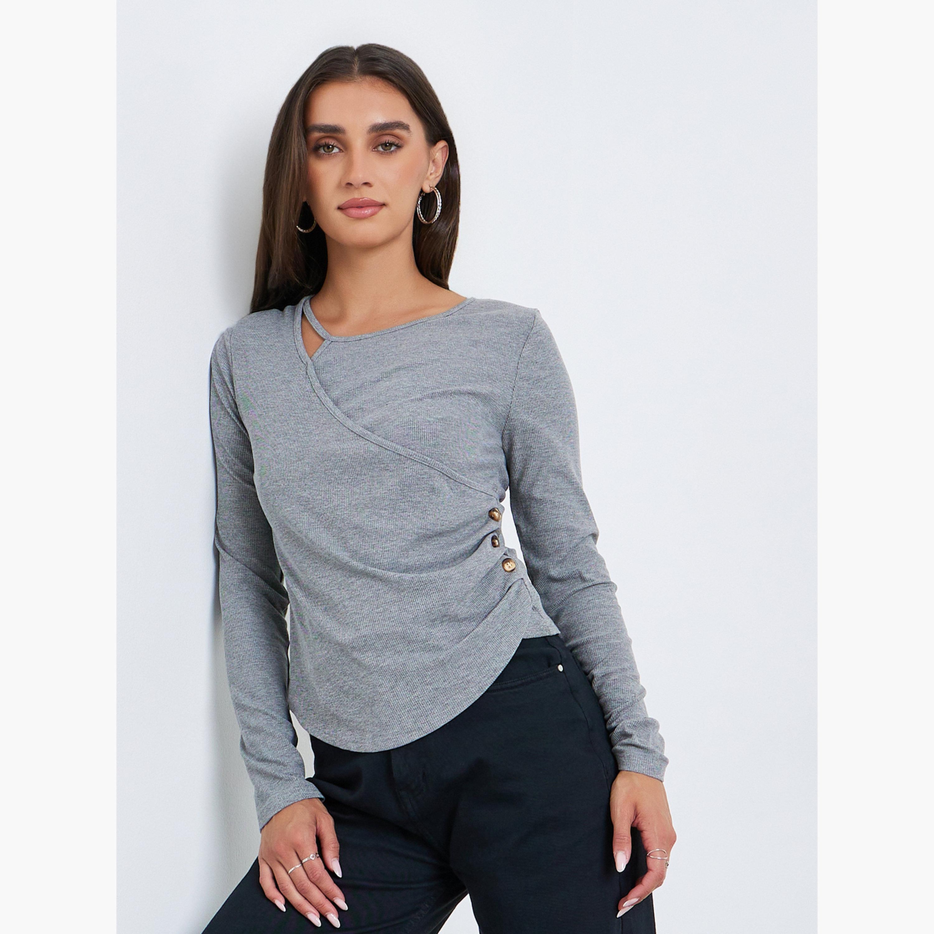 Styli Women Grey Asymmetric Long Sleeve Top-women-clothing-shirtsandblouses-blouses-image-3