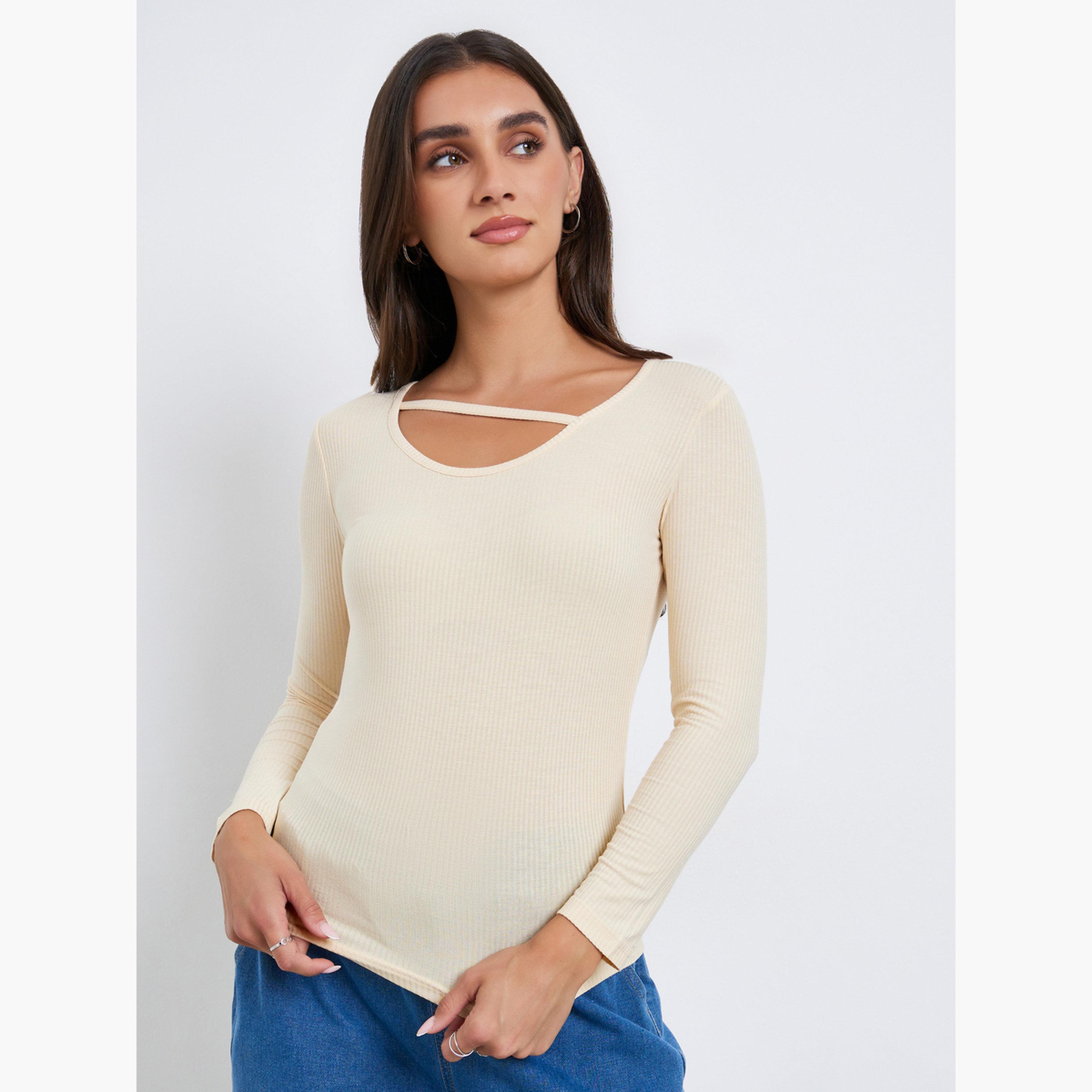 Styli Women Beige Asymmetric Long Sleeve Top-women-clothing-tshirts-image-1