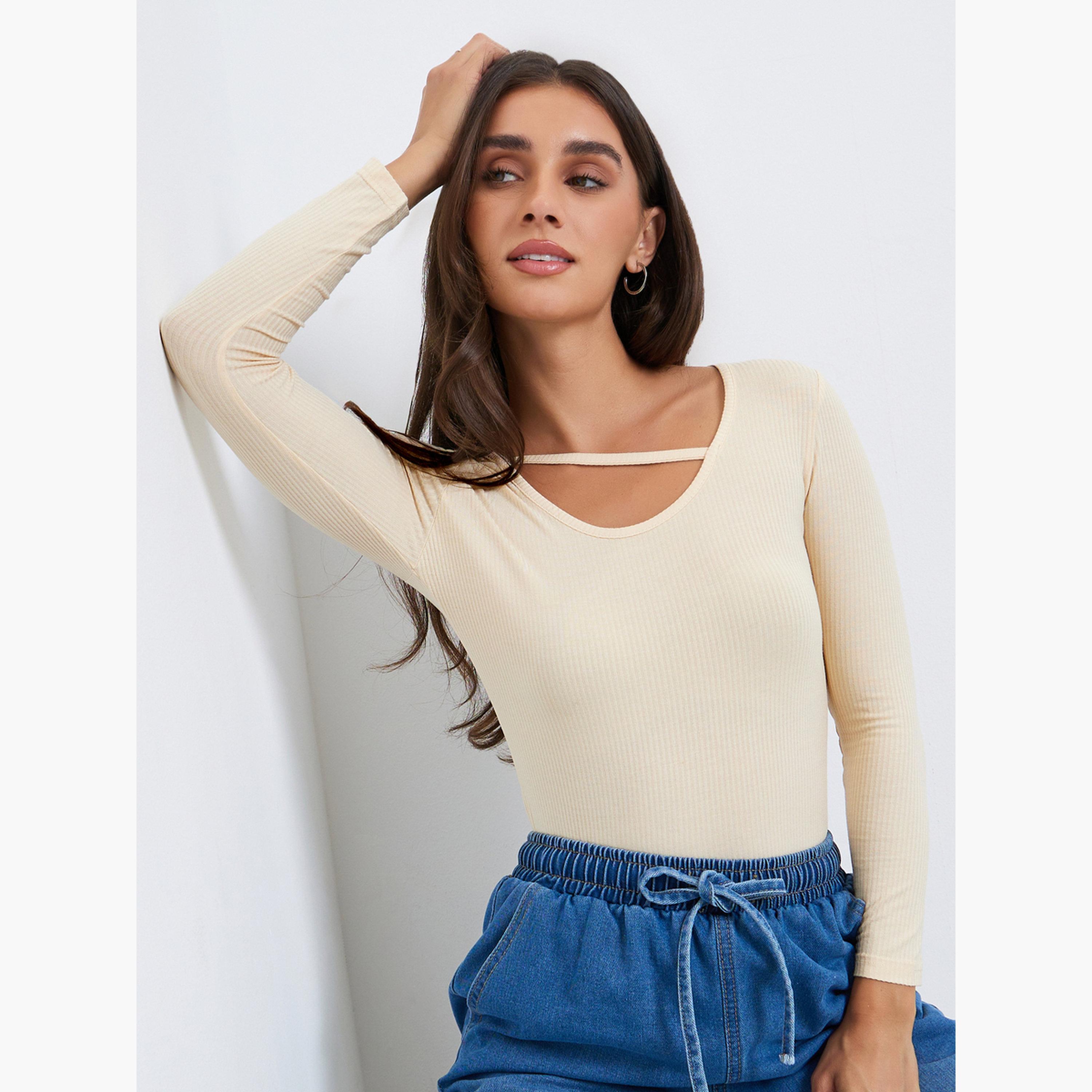 Styli Women Beige Asymmetric Long Sleeve Top-women-clothing-tshirts-image-3
