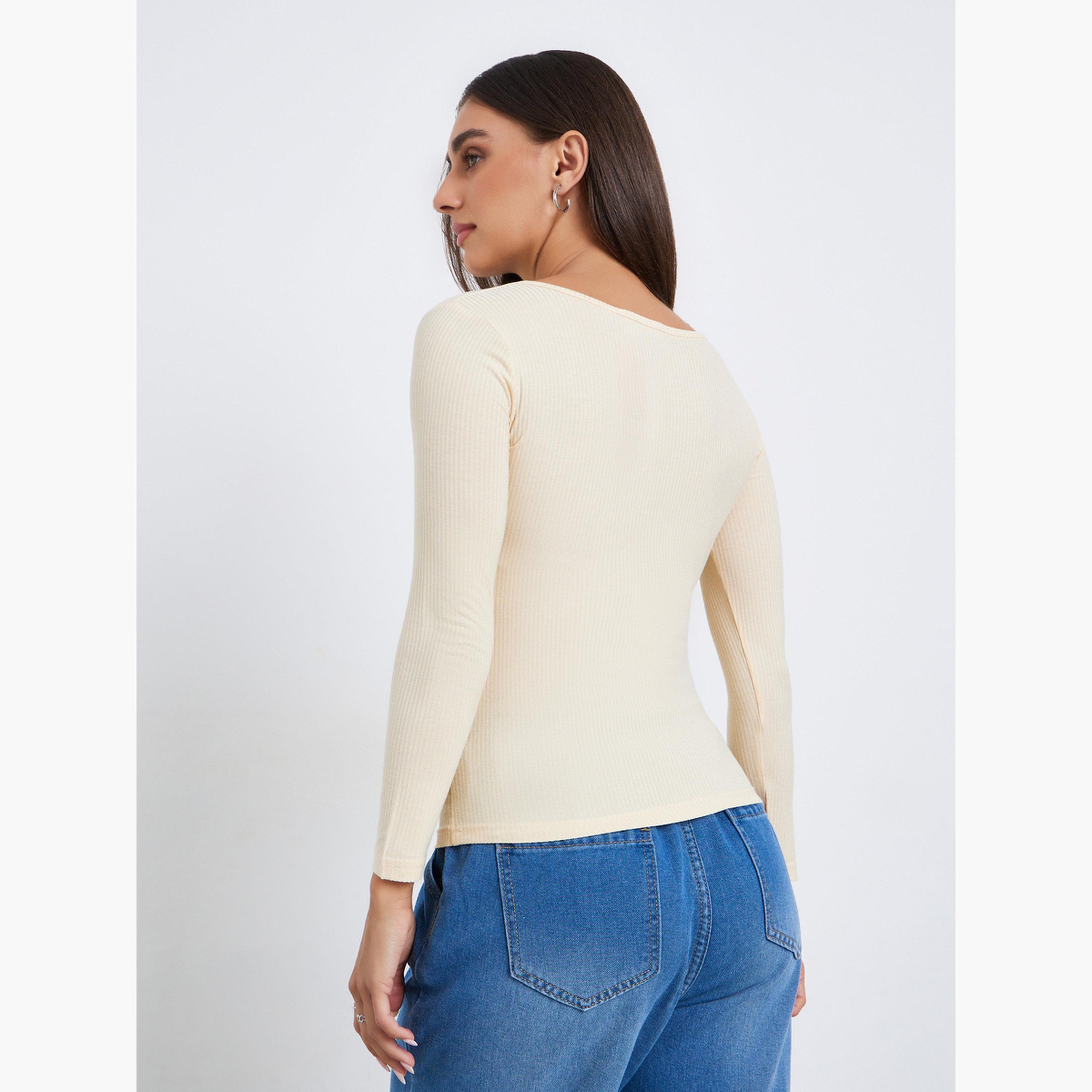 Styli Women Beige Asymmetric Long Sleeve Top-women-clothing-tshirts-image-4