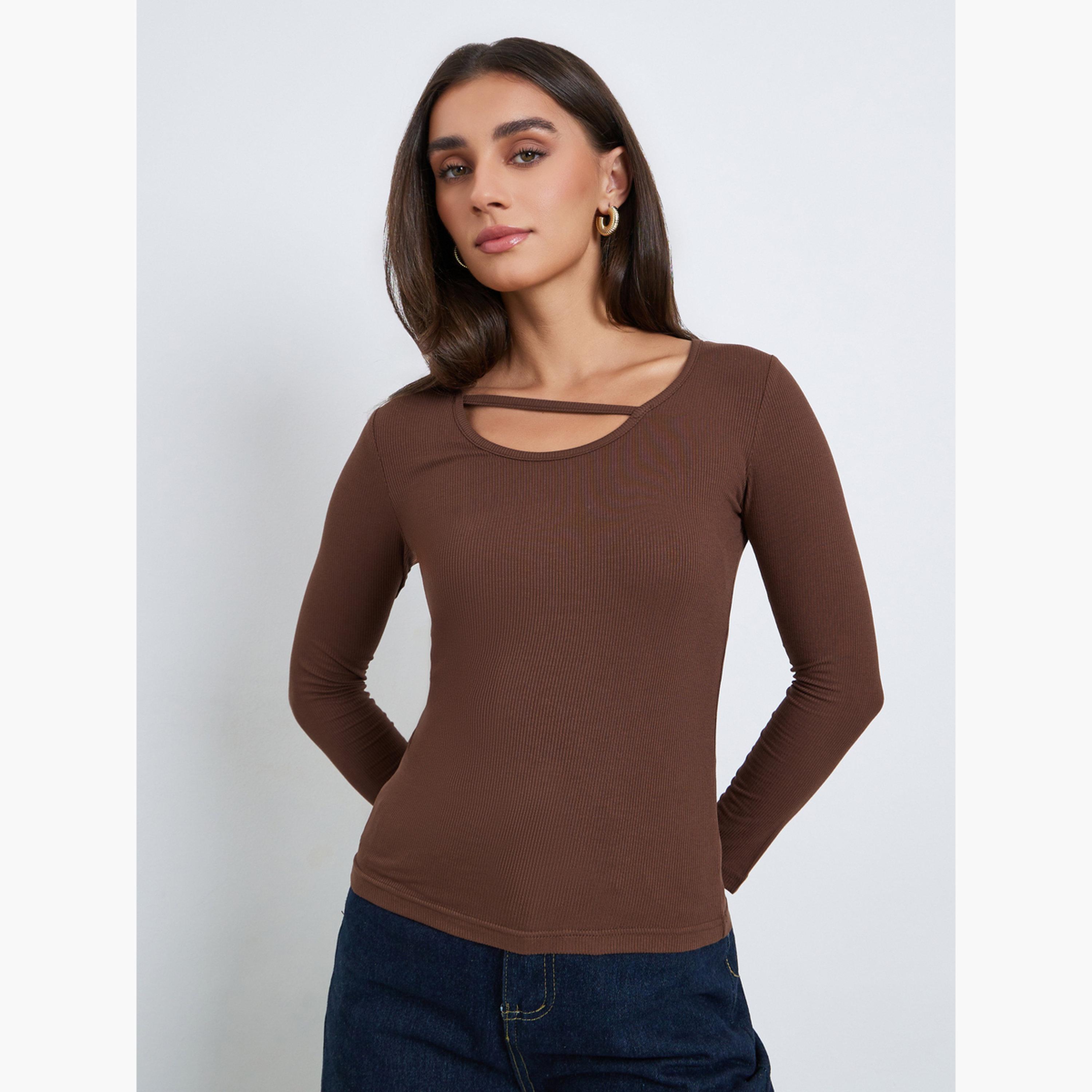 بلوزة بأكمام طويلة بقصة غير متماثلة-women-clothing-tshirts-image-1