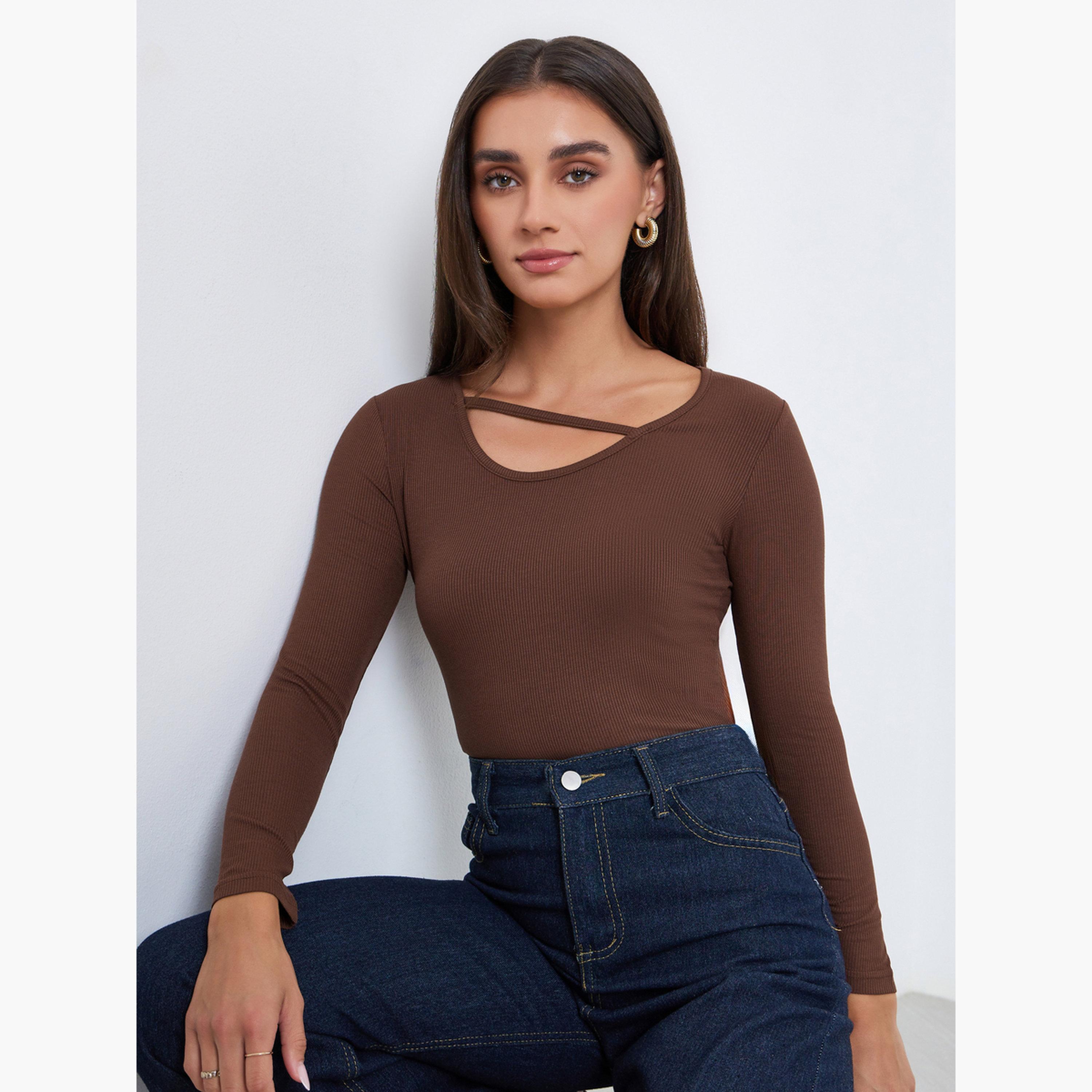 Styli Women Brown Asymmetric Long Sleeve Top-women-clothing-tshirts-image-3