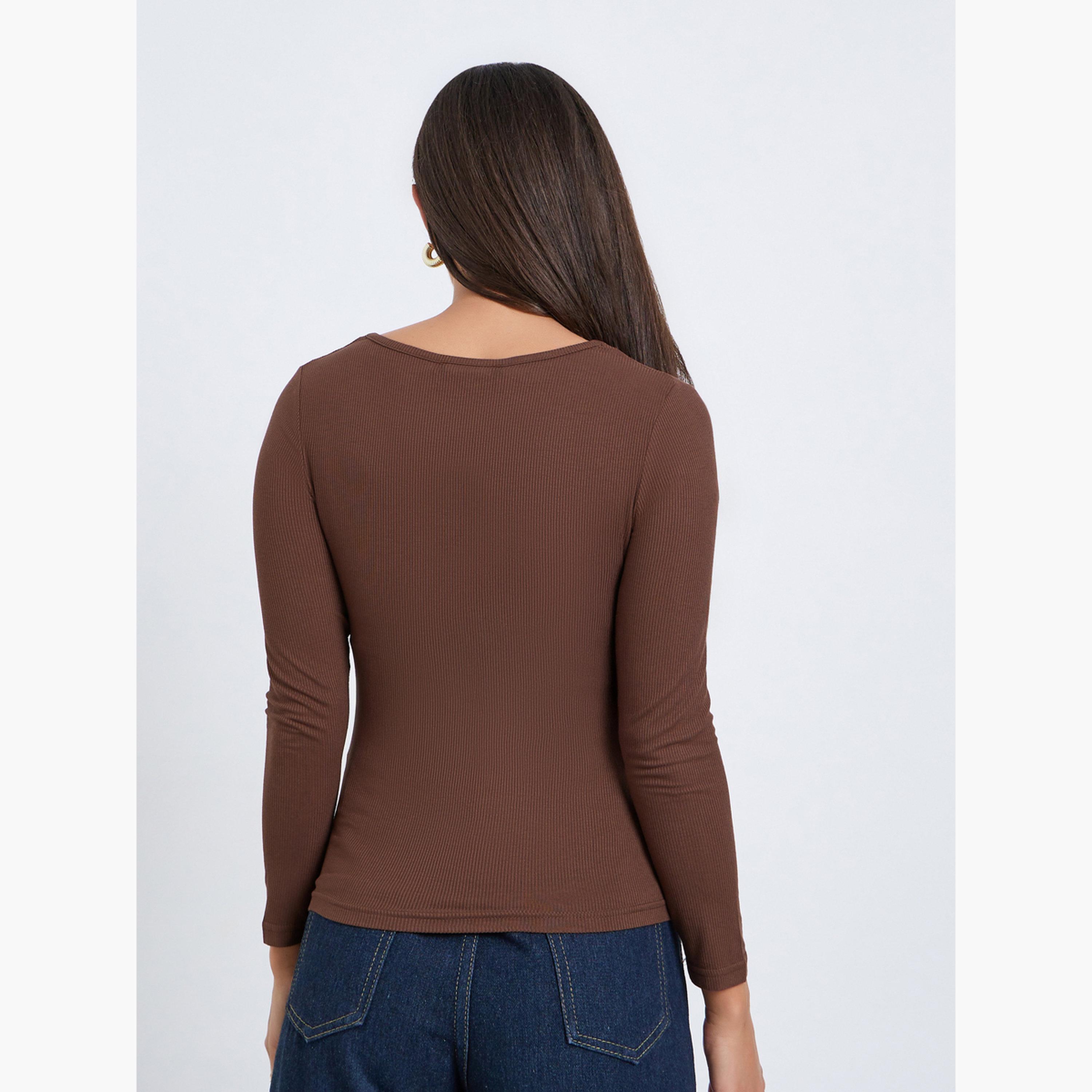 Styli Women Brown Asymmetric Long Sleeve Top-women-clothing-tshirts-image-4
