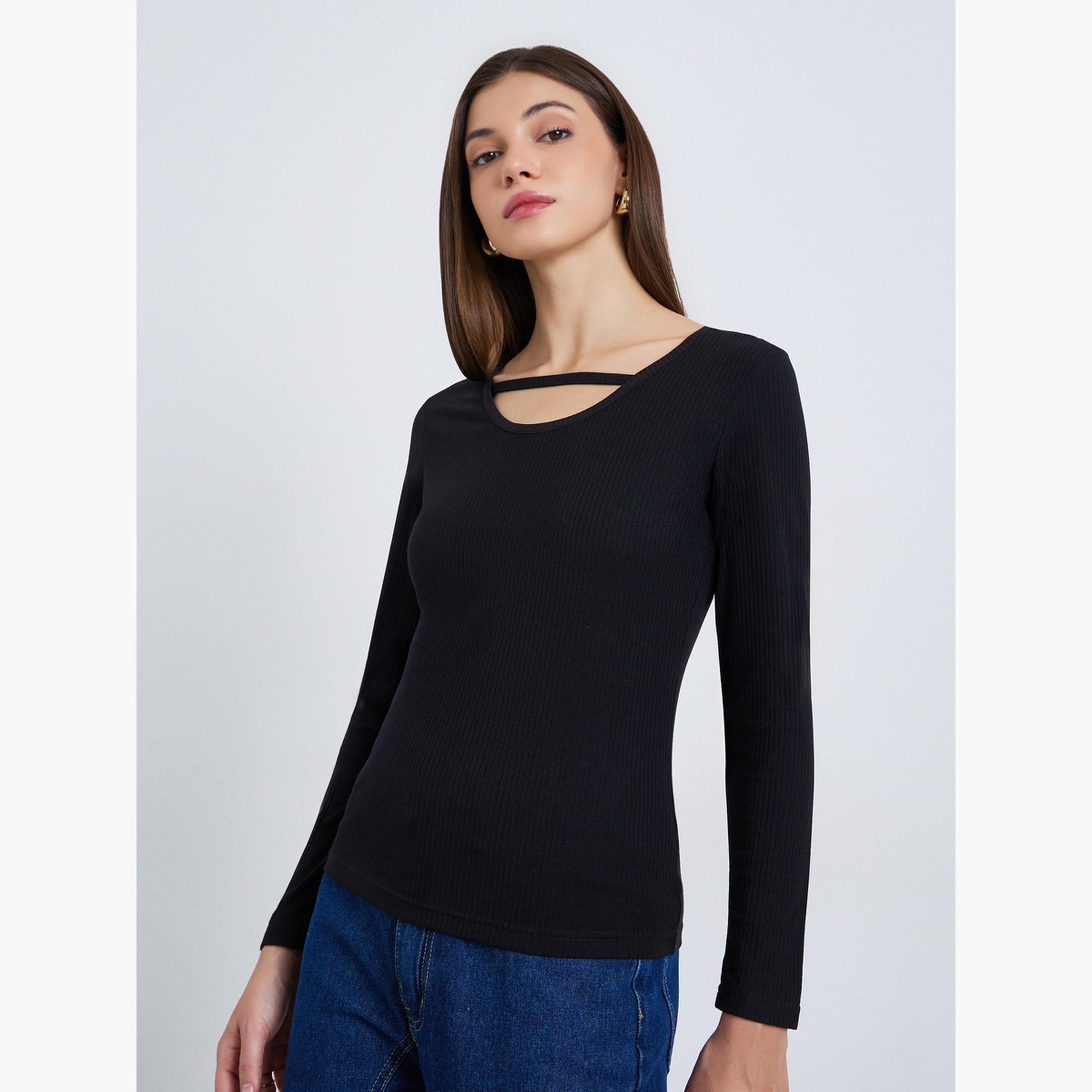 بلوزة محبوكة بأكمام طويلة وقصات-women-clothing-tshirts-image-1