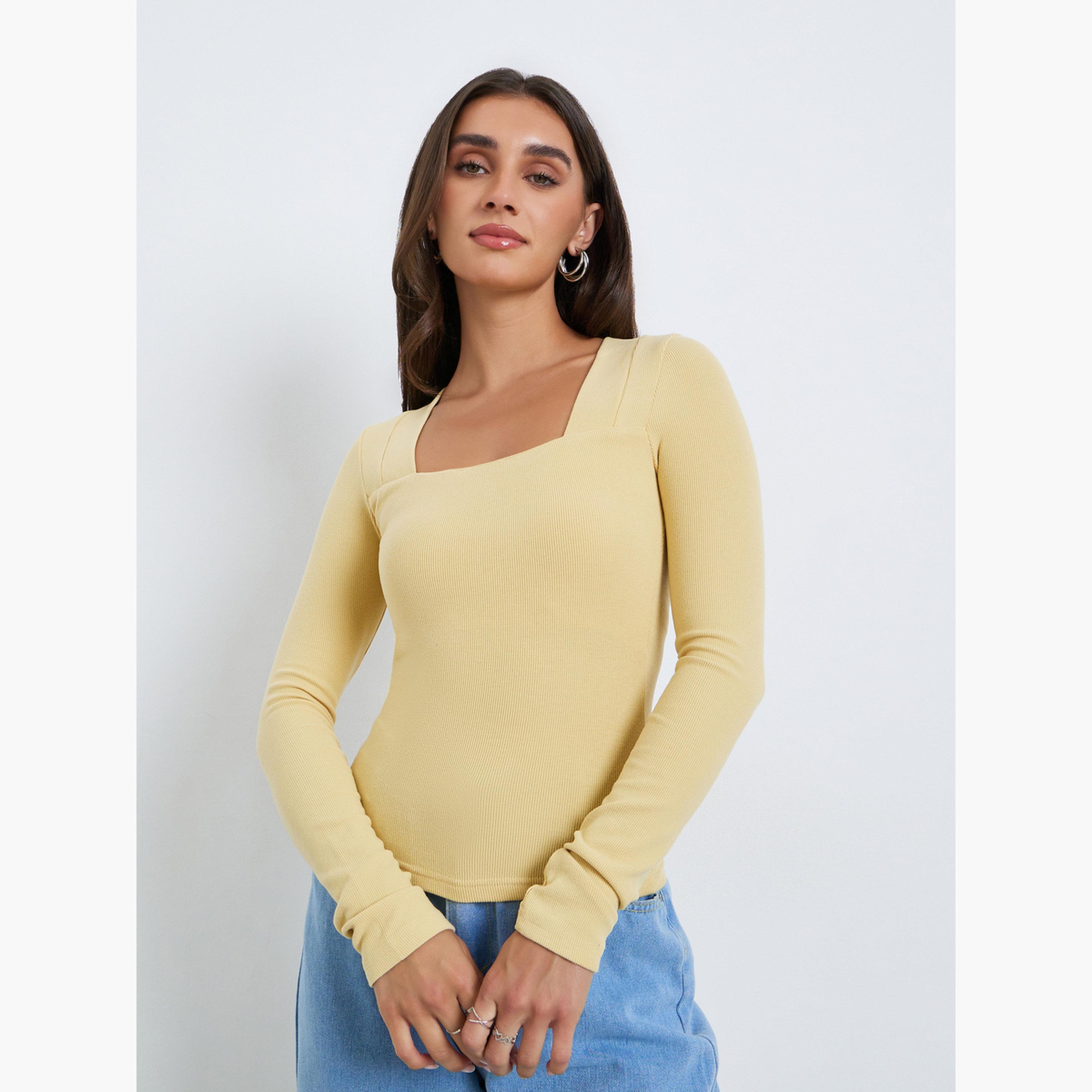 بلوزة محبوكة بياقة مربعة وأكمام طويلة-women-clothing-tshirts-image-1