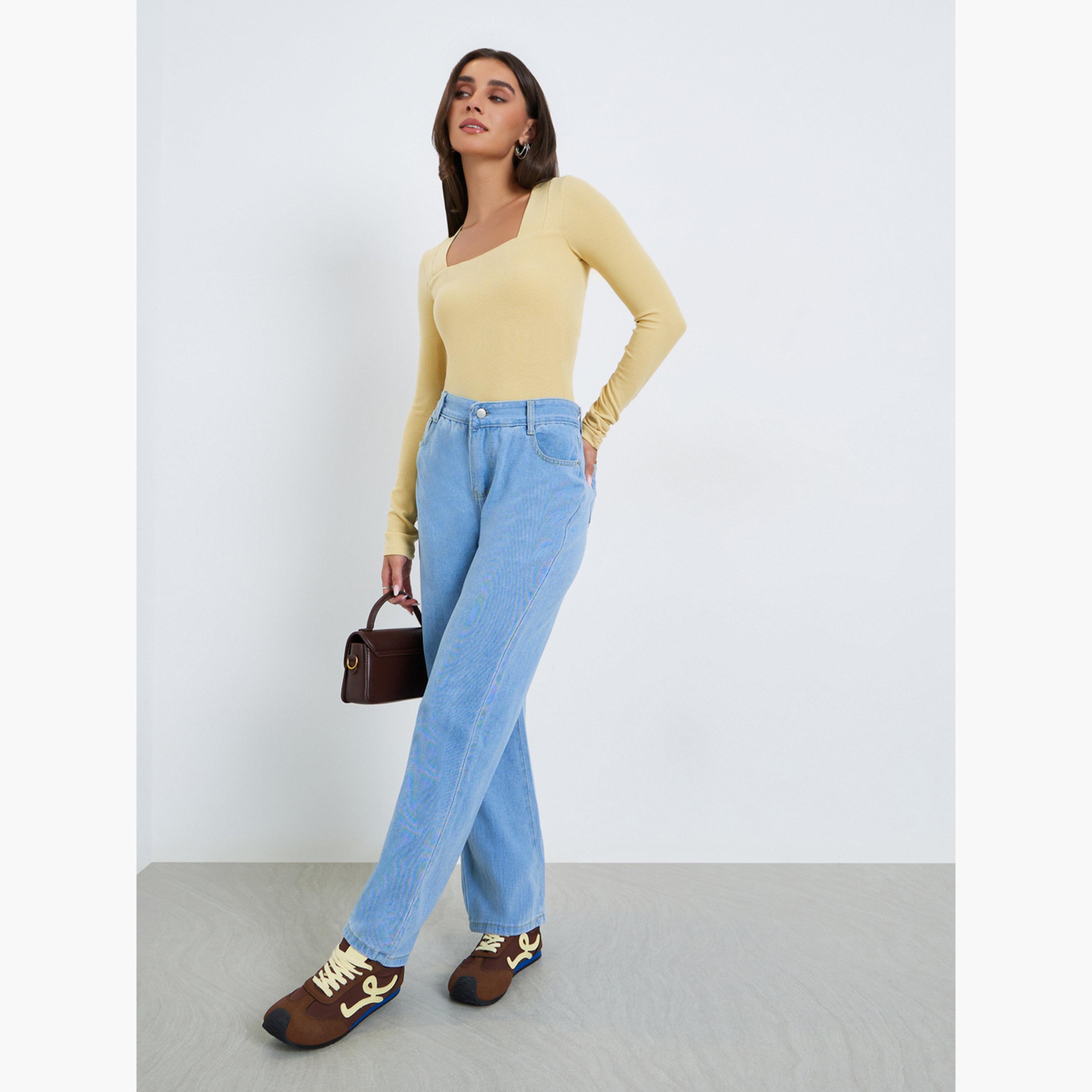 بلوزة محبوكة بياقة مربعة وأكمام طويلة-women-clothing-tshirts-image-2