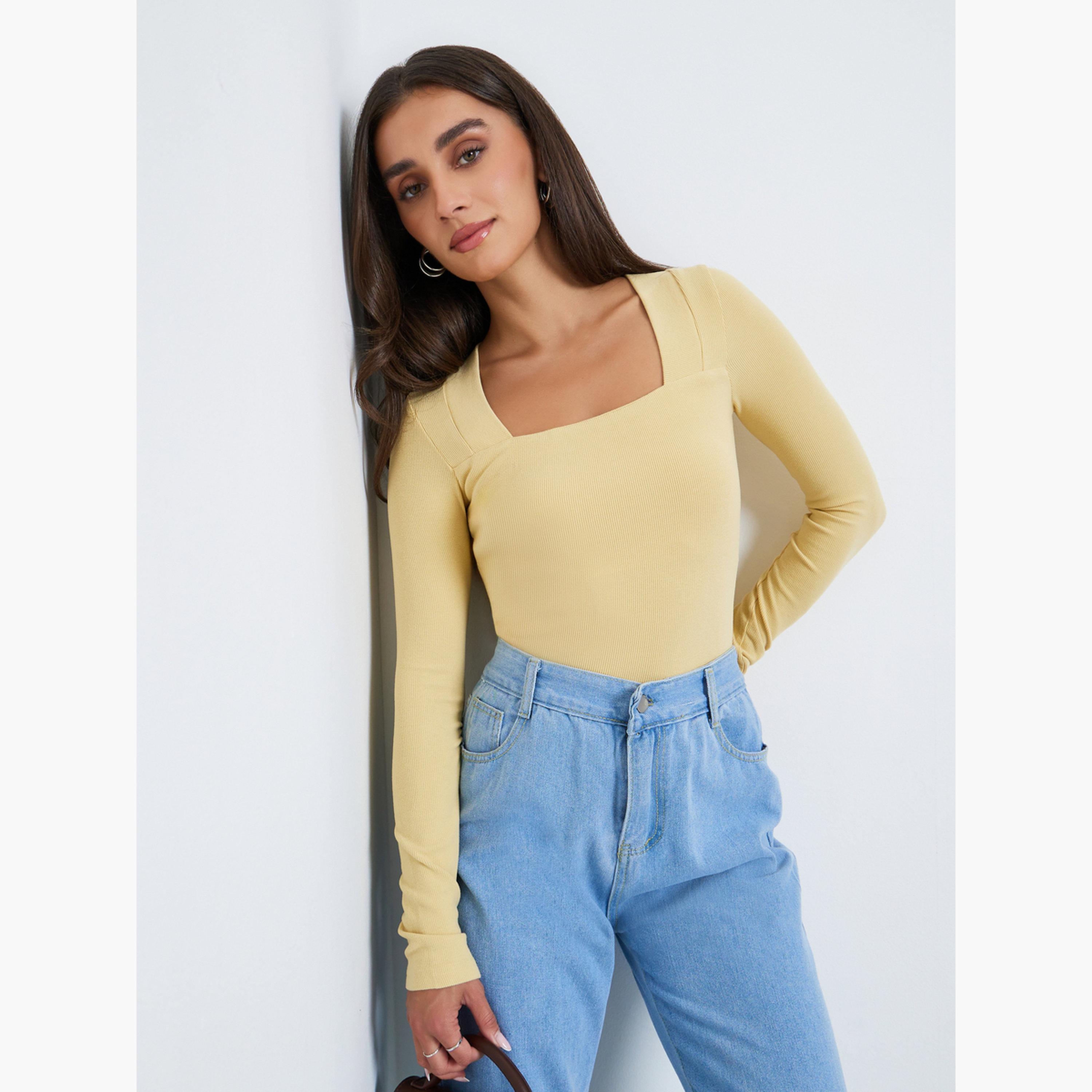 Styli Women Yellow Long Sleeve Square Neck Knit Top-women-clothing-tshirts-image-3