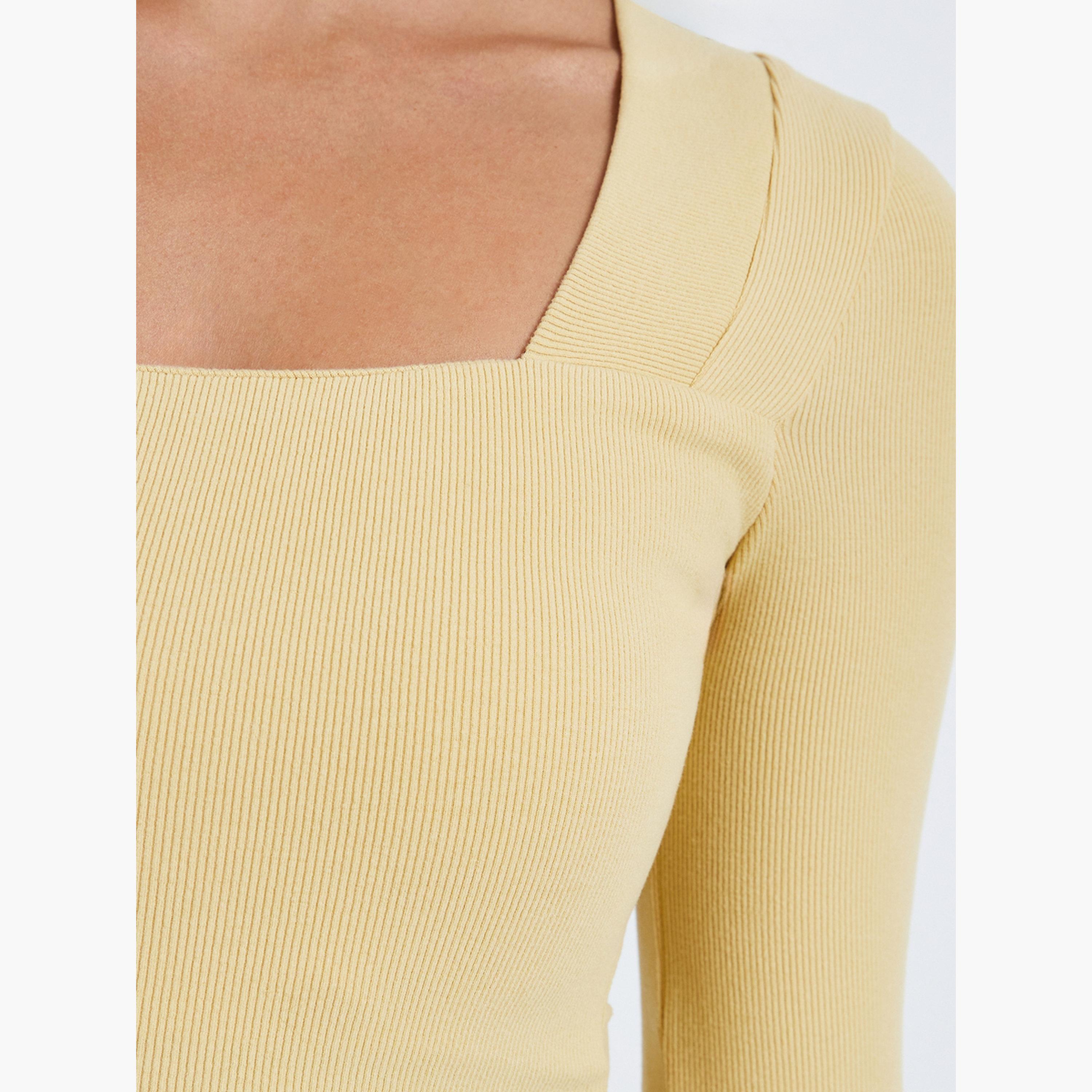 Styli Women Yellow Long Sleeve Square Neck Knit Top-women-clothing-tshirts-image-5