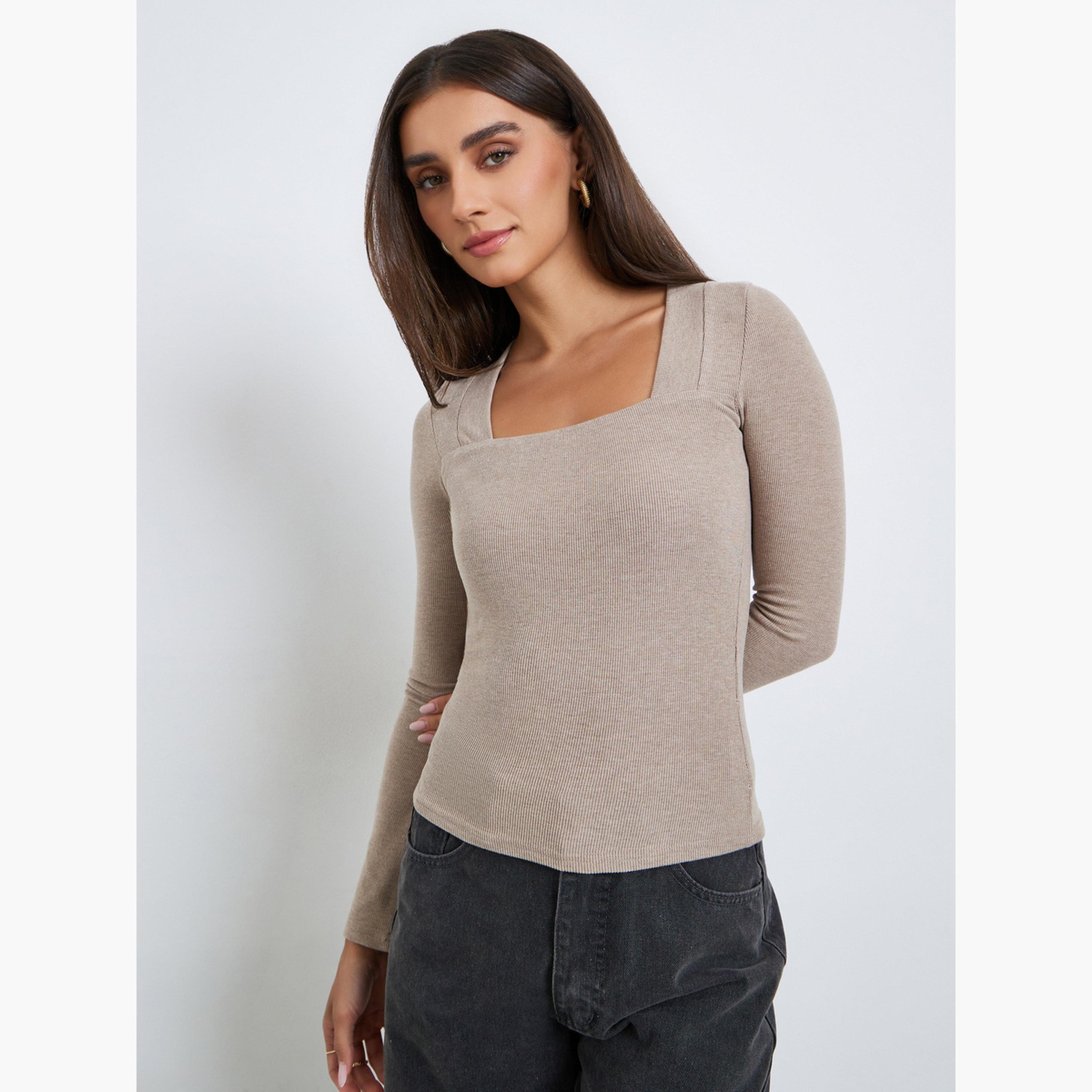 Styli Women Beige Long Sleeve Square Neck Knit Top-women-clothing-tshirts-image-1