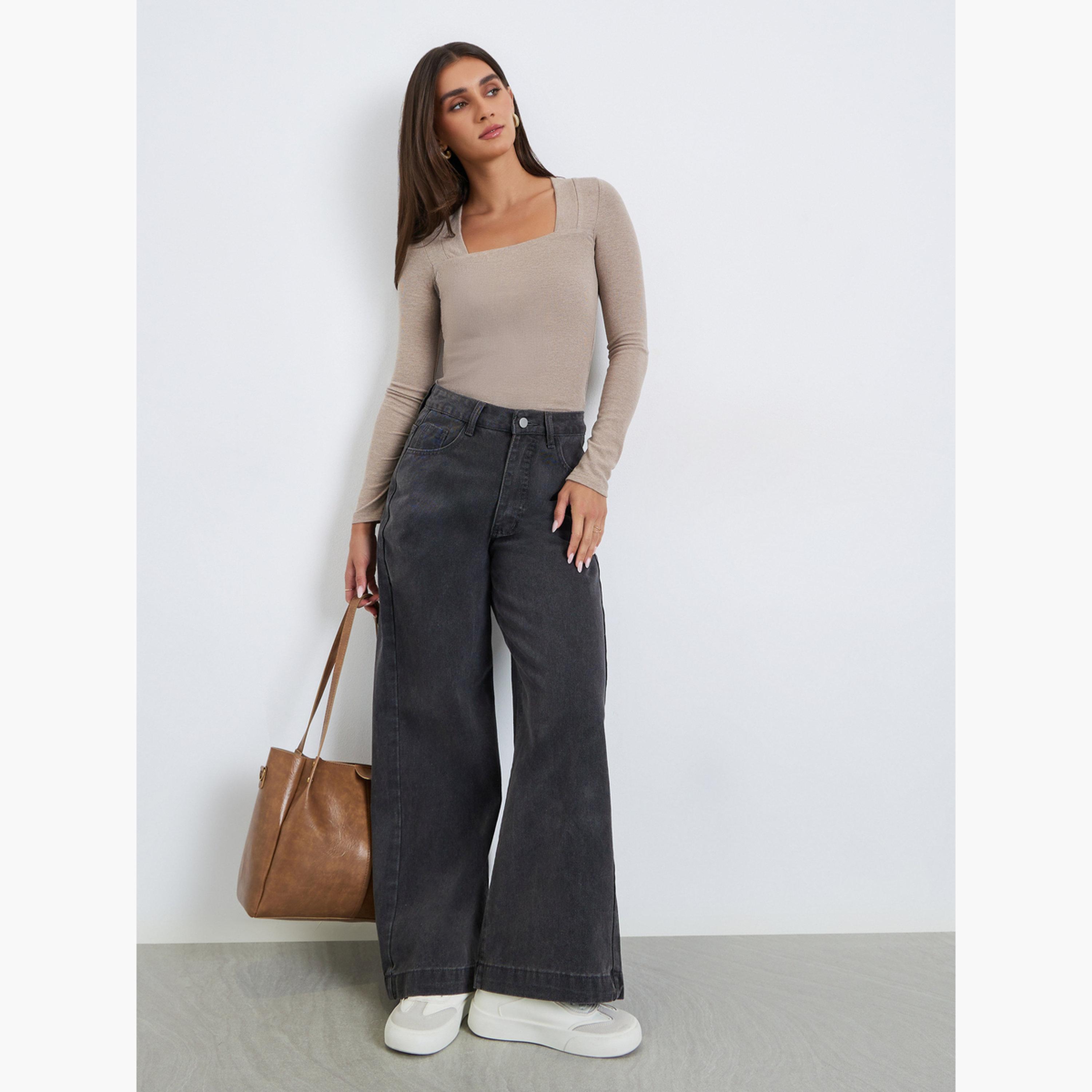 بلوزة محبوكة بياقة مربعة وأكمام طويلة-women-clothing-tshirts-image-2
