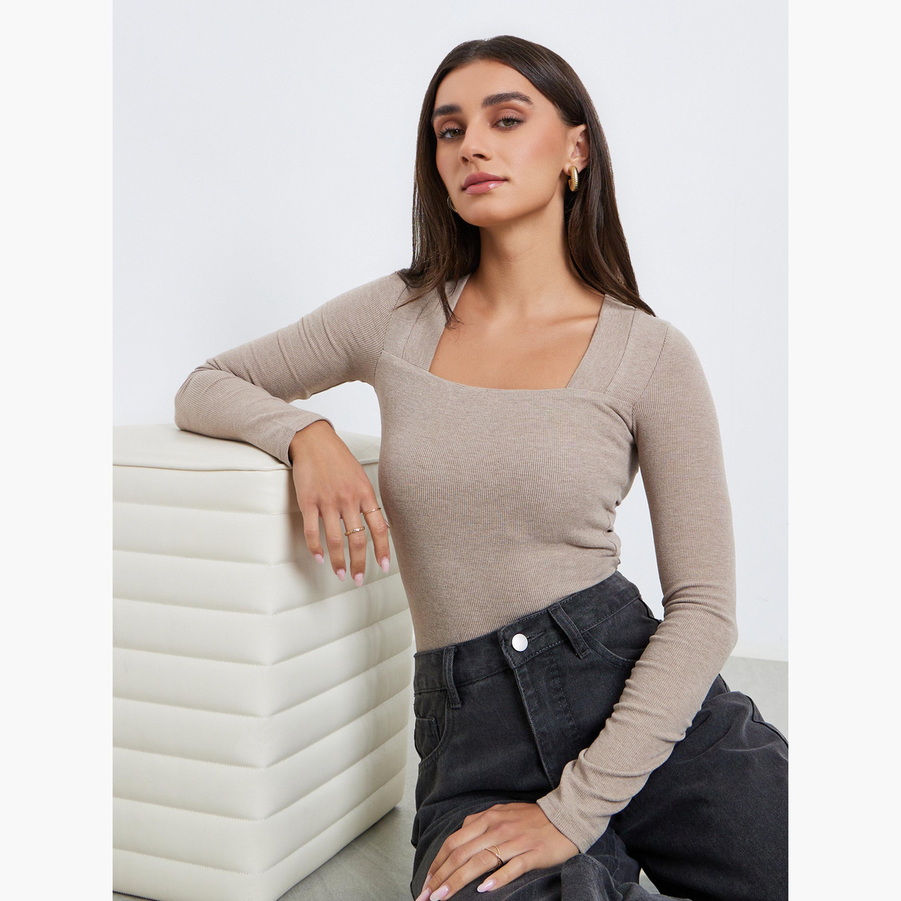 بلوزة محبوكة بياقة مربعة وأكمام طويلة-women-clothing-tshirts-image-3