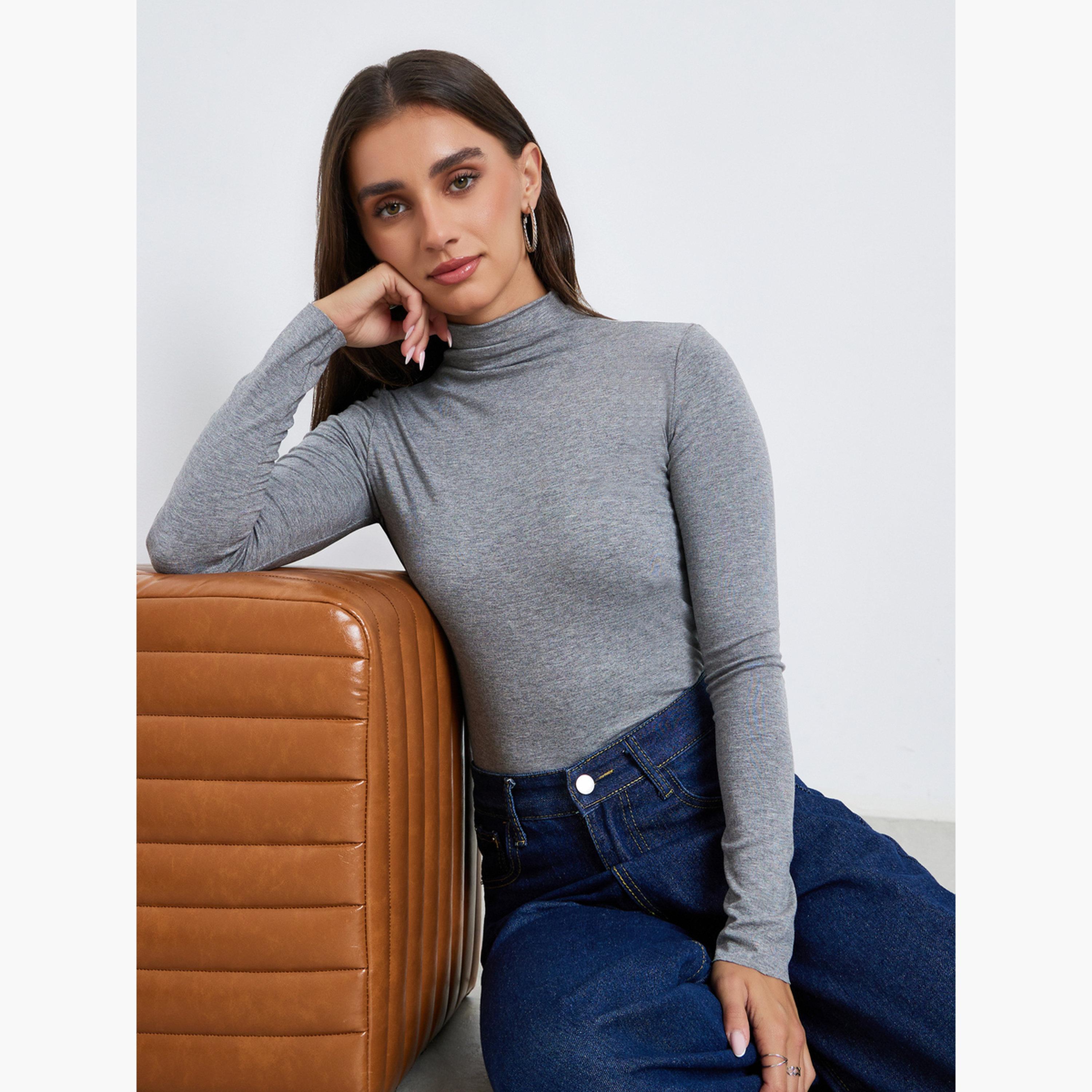 Styli Women Grey Long Sleeve High Neck Top-women-clothing-tshirts-image-3