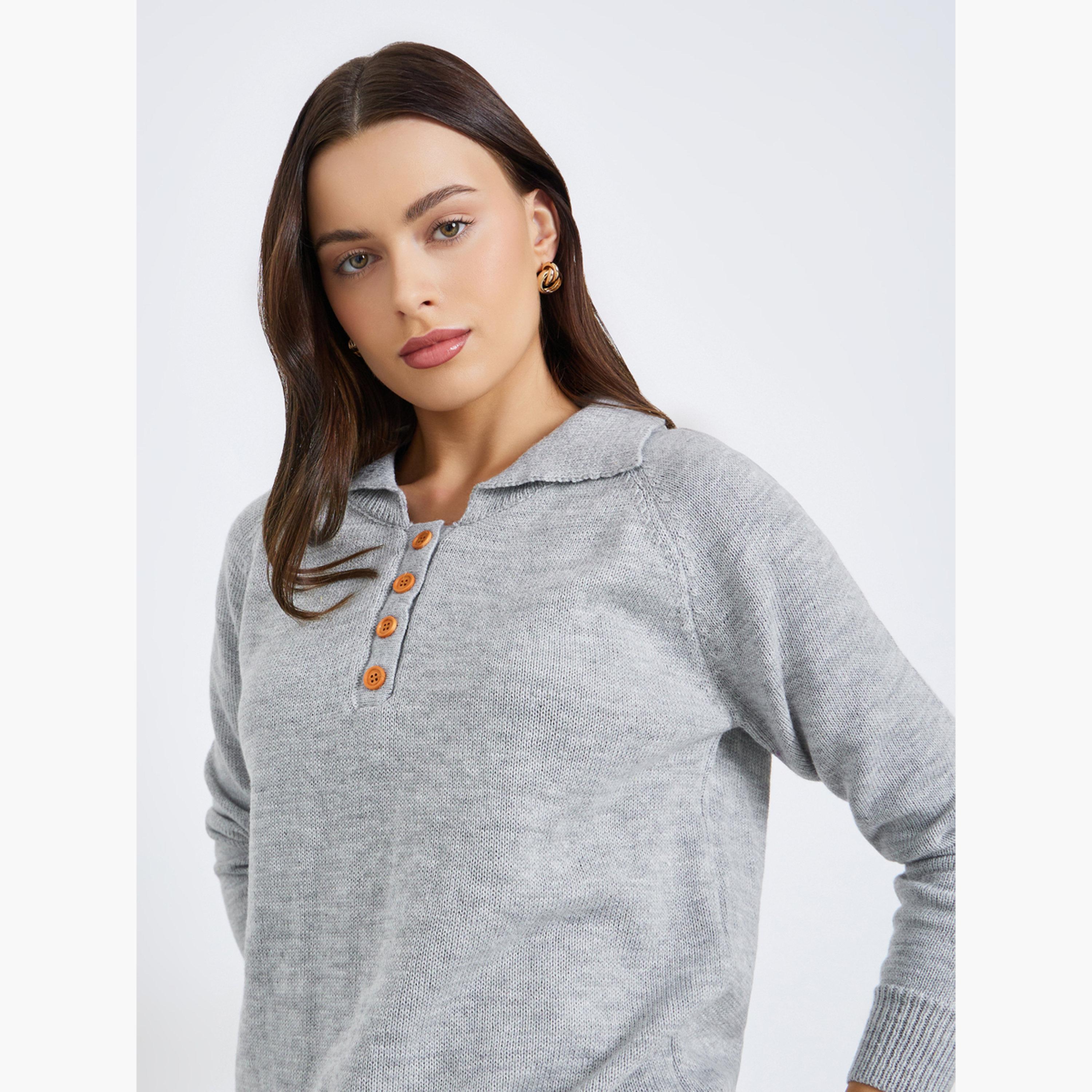 Styli Women Grey Polo Collar Knit Sweater-women-clothing-cardigansandjumpers-jumpers-image-3