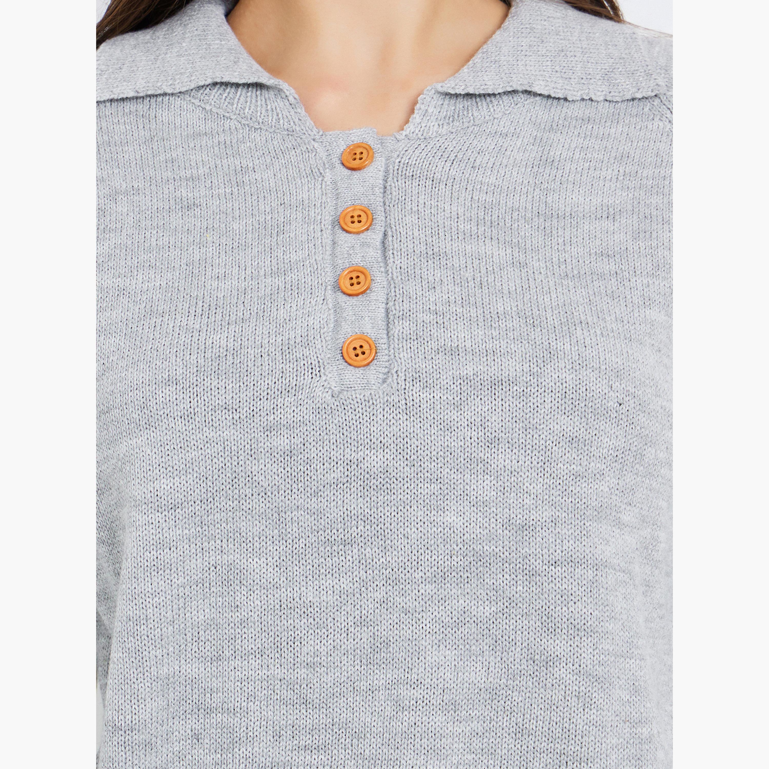 Styli Women Grey Polo Collar Knit Sweater-women-clothing-cardigansandjumpers-jumpers-image-4
