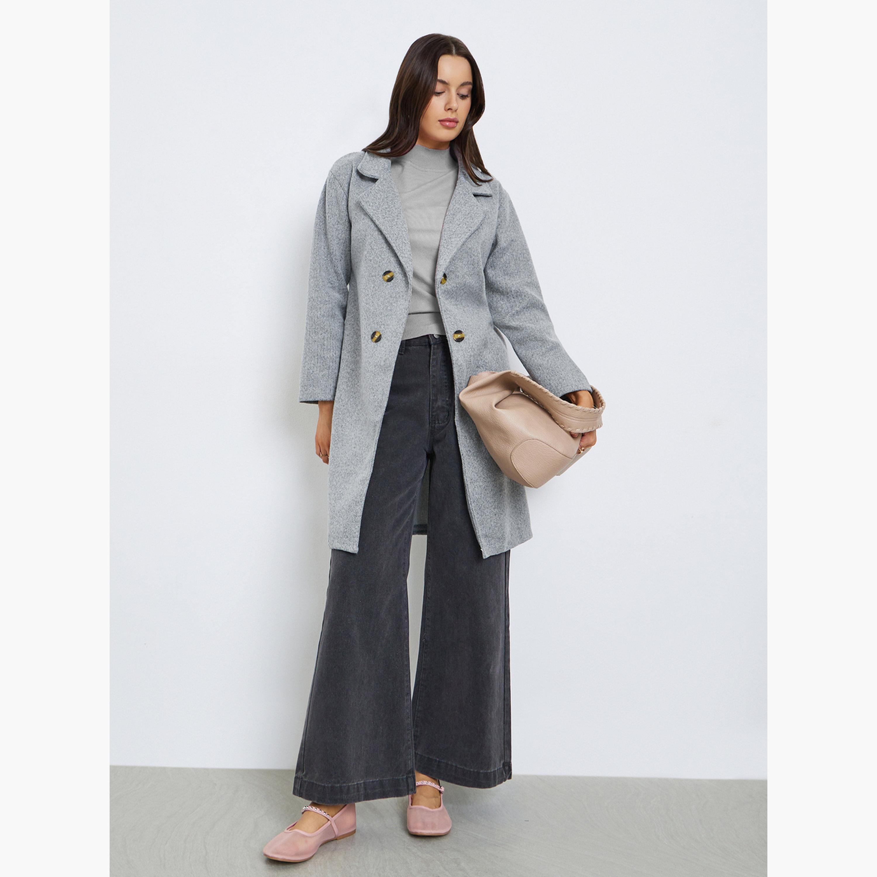 Styli Women Grey Notch Label Collar Midi Coat-women-clothing-coatsandjackets-coats-image-2