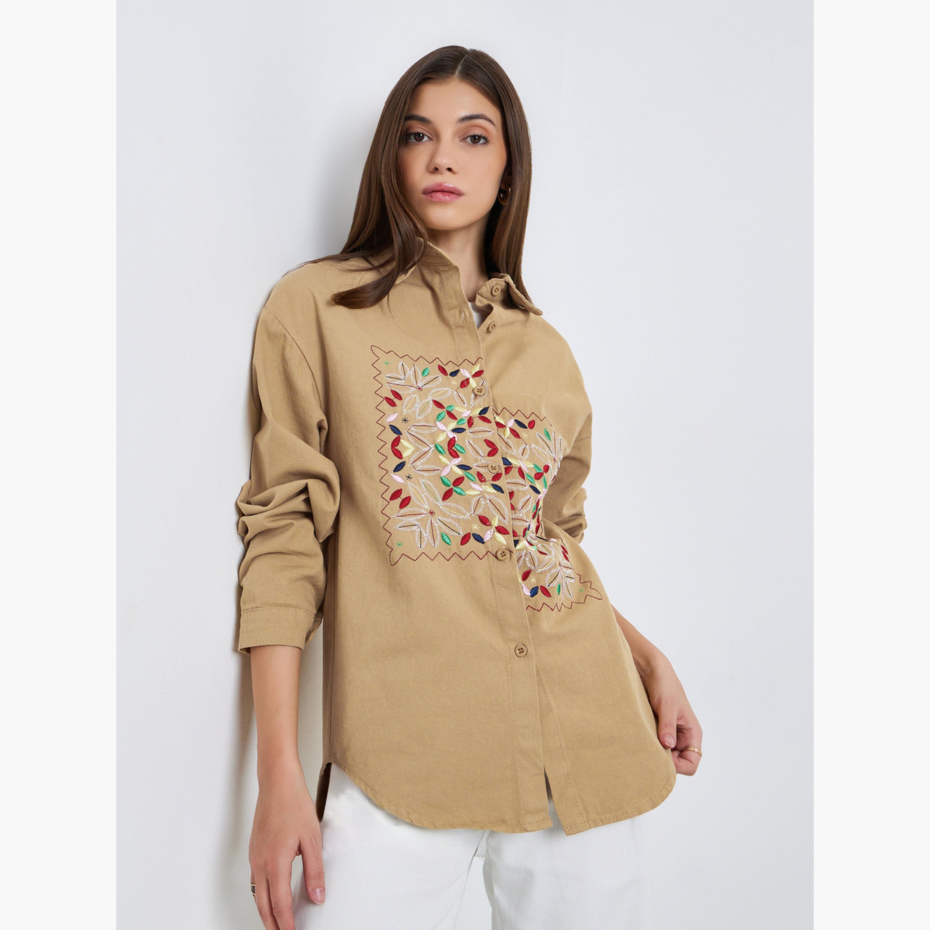 بلوزة بأكمام طويلة ومُطرّزة بزهور-women-clothing-shirtsandblouses-shirts-image-1
