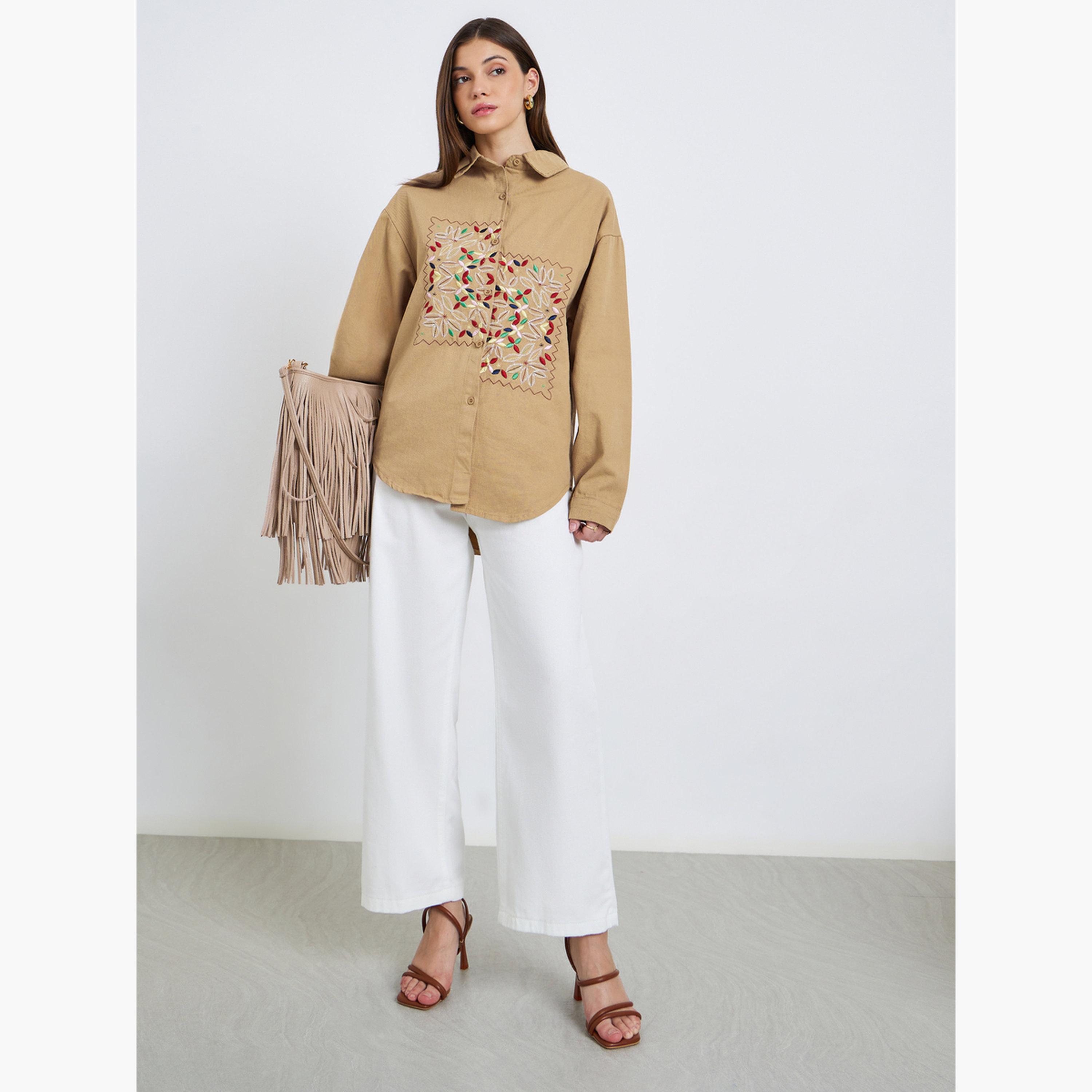 Styli Women Khaki Embroidered Floral Long Sleeve Shirt-women-clothing-shirtsandblouses-shirts-image-2