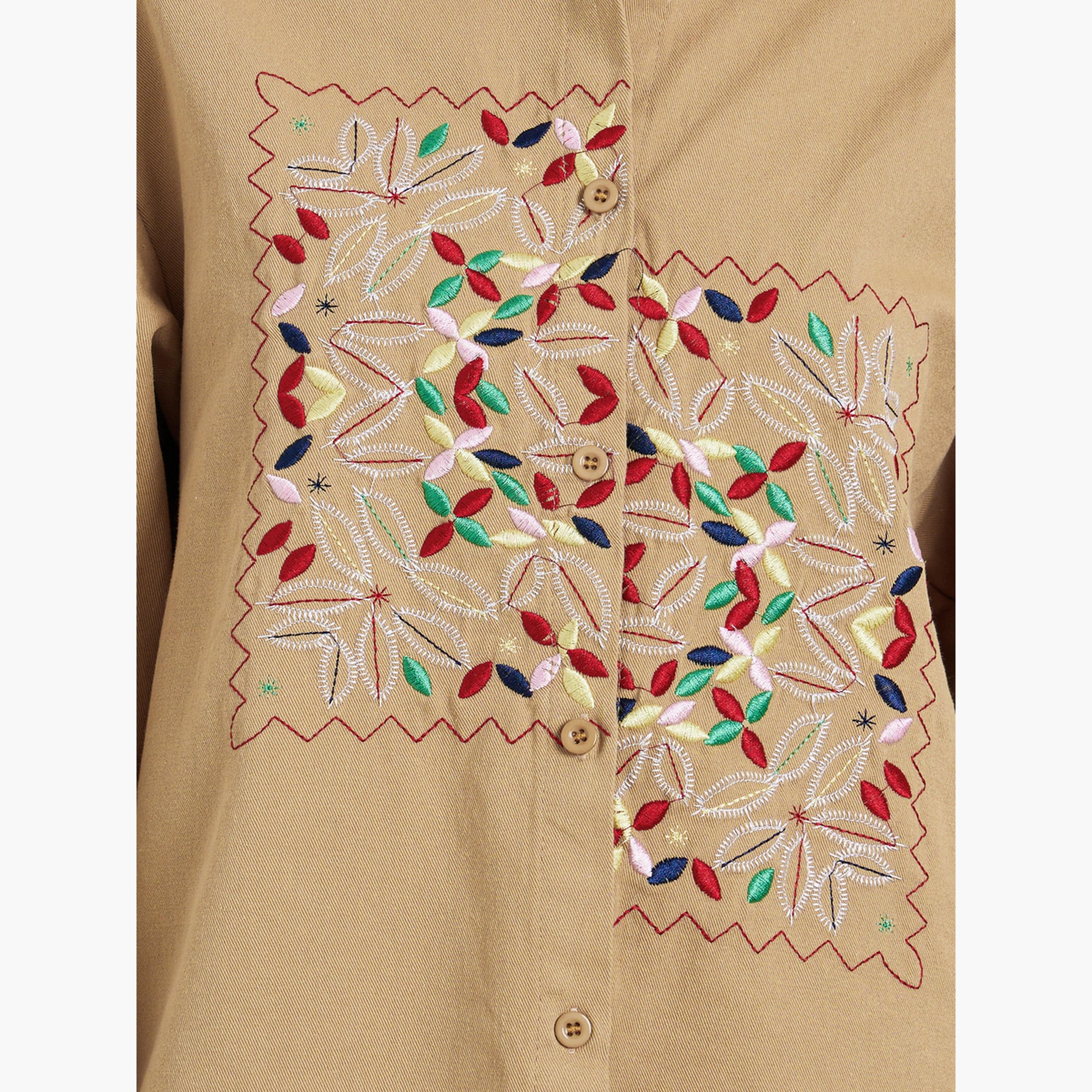 Styli Women Khaki Embroidered Floral Long Sleeve Shirt-women-clothing-shirtsandblouses-shirts-image-3