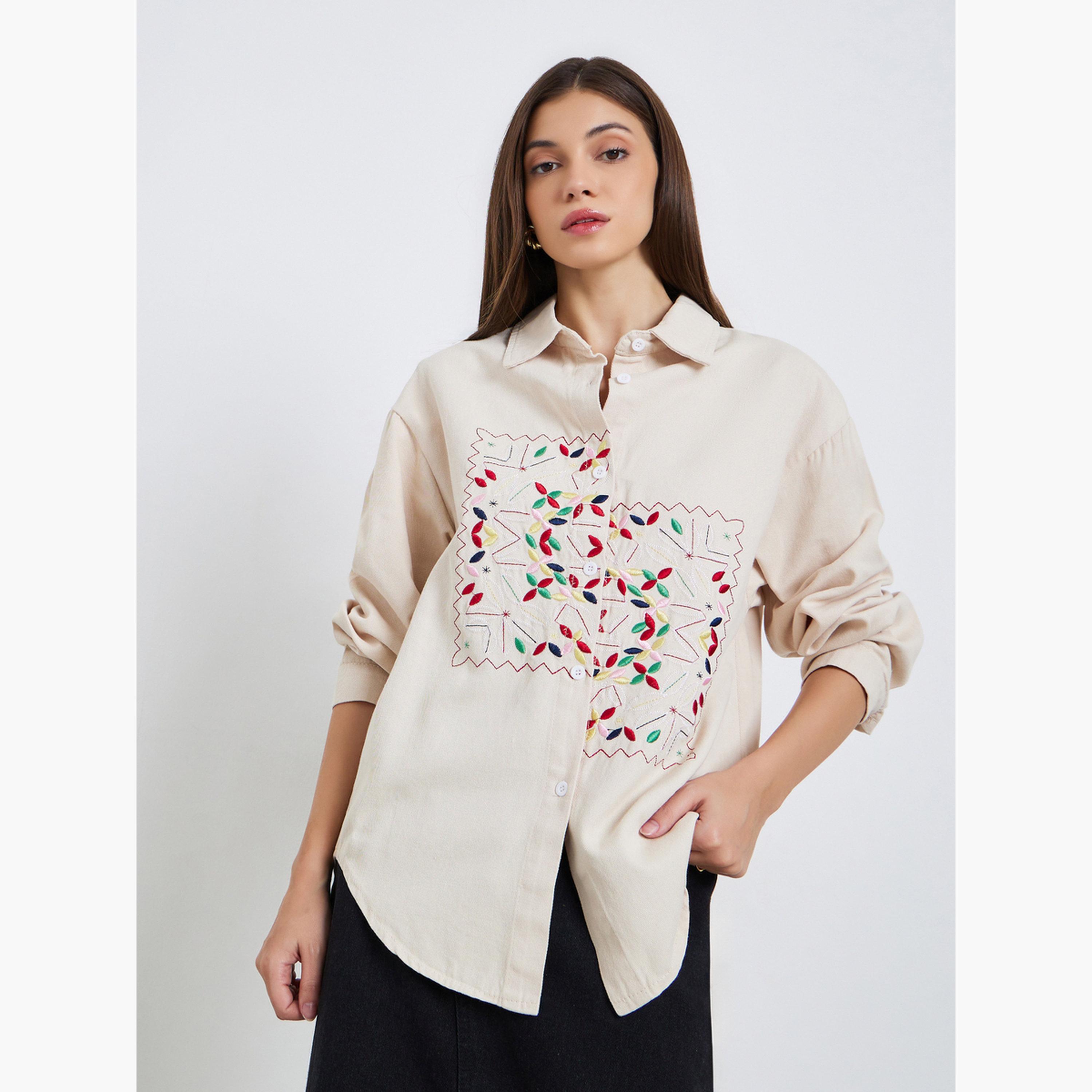 Styli Women Beige Embroidered Floral Long Sleeve Shirt-women-clothing-shirtsandblouses-shirts-image-1