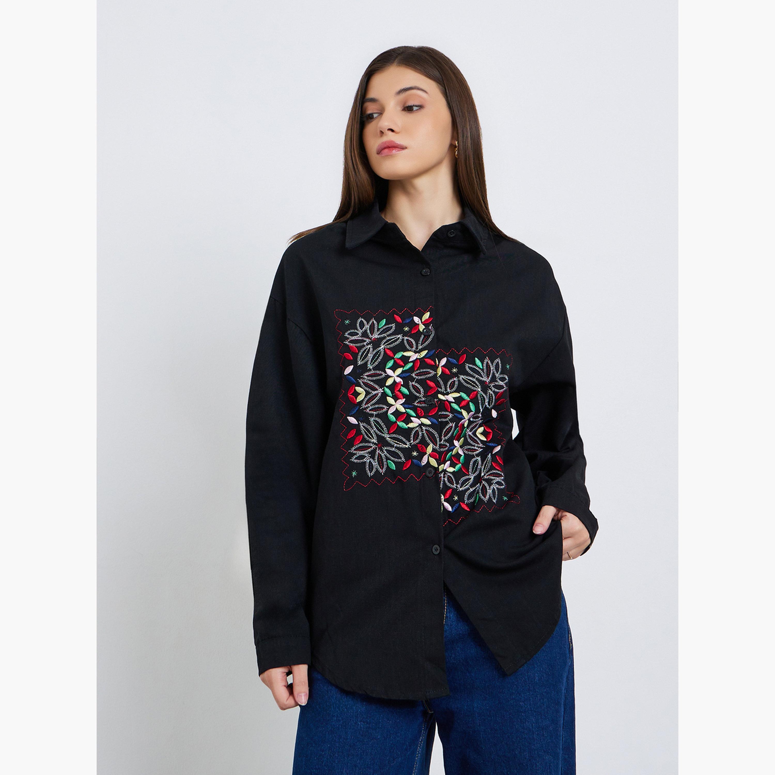 Styli Women Black Embroidered Floral Long Sleeve Shirt-women-clothing-shirtsandblouses-shirts-image-1