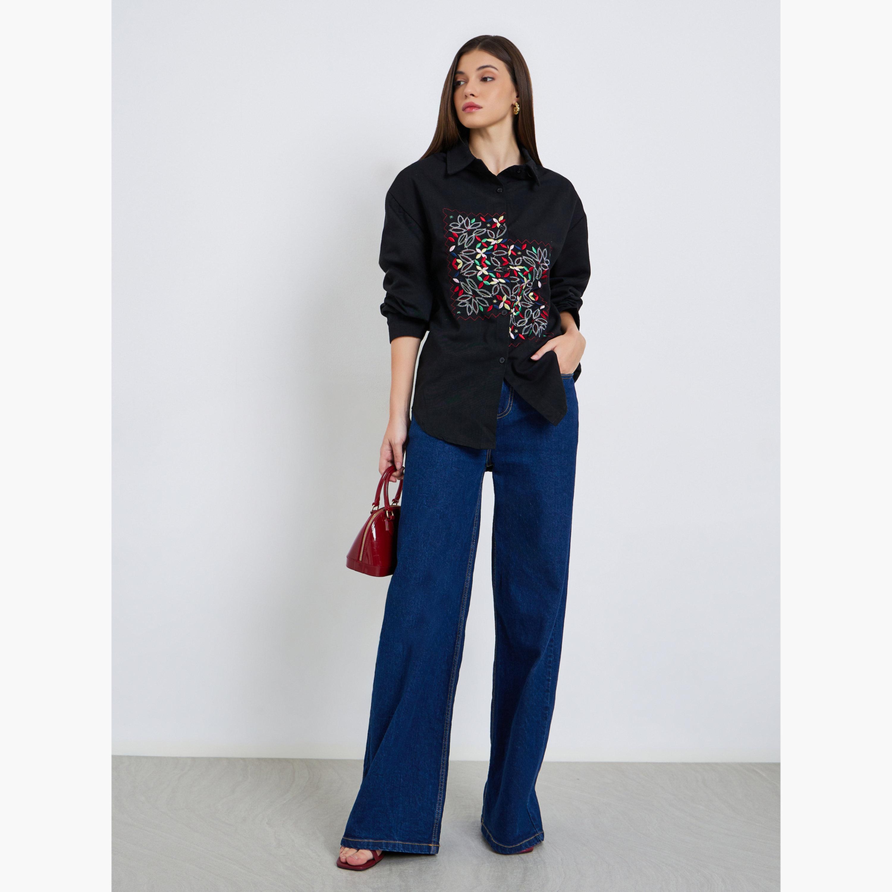 Styli Women Black Embroidered Floral Long Sleeve Shirt-women-clothing-shirtsandblouses-shirts-image-2