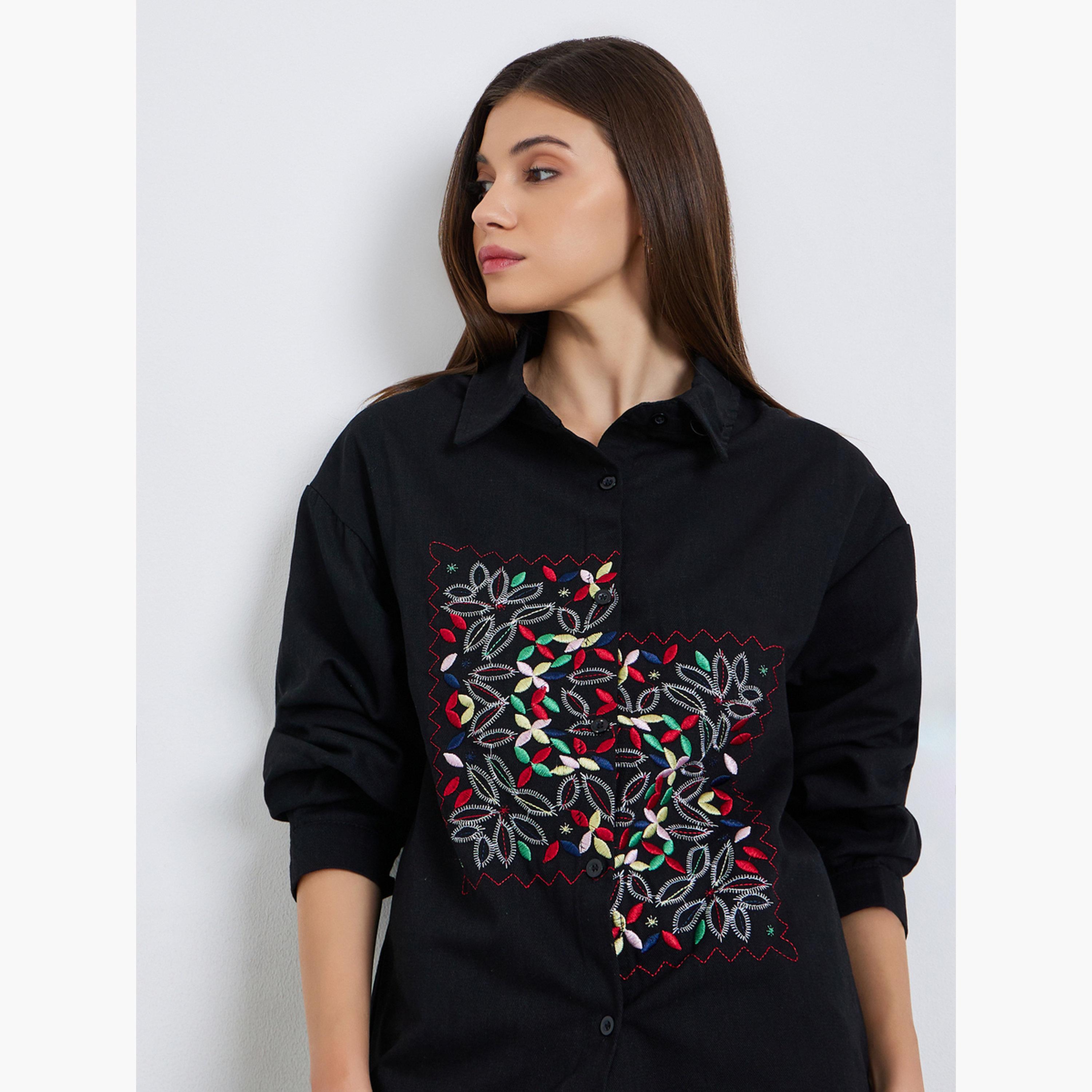 Styli Women Black Embroidered Floral Long Sleeve Shirt-women-clothing-shirtsandblouses-shirts-image-3