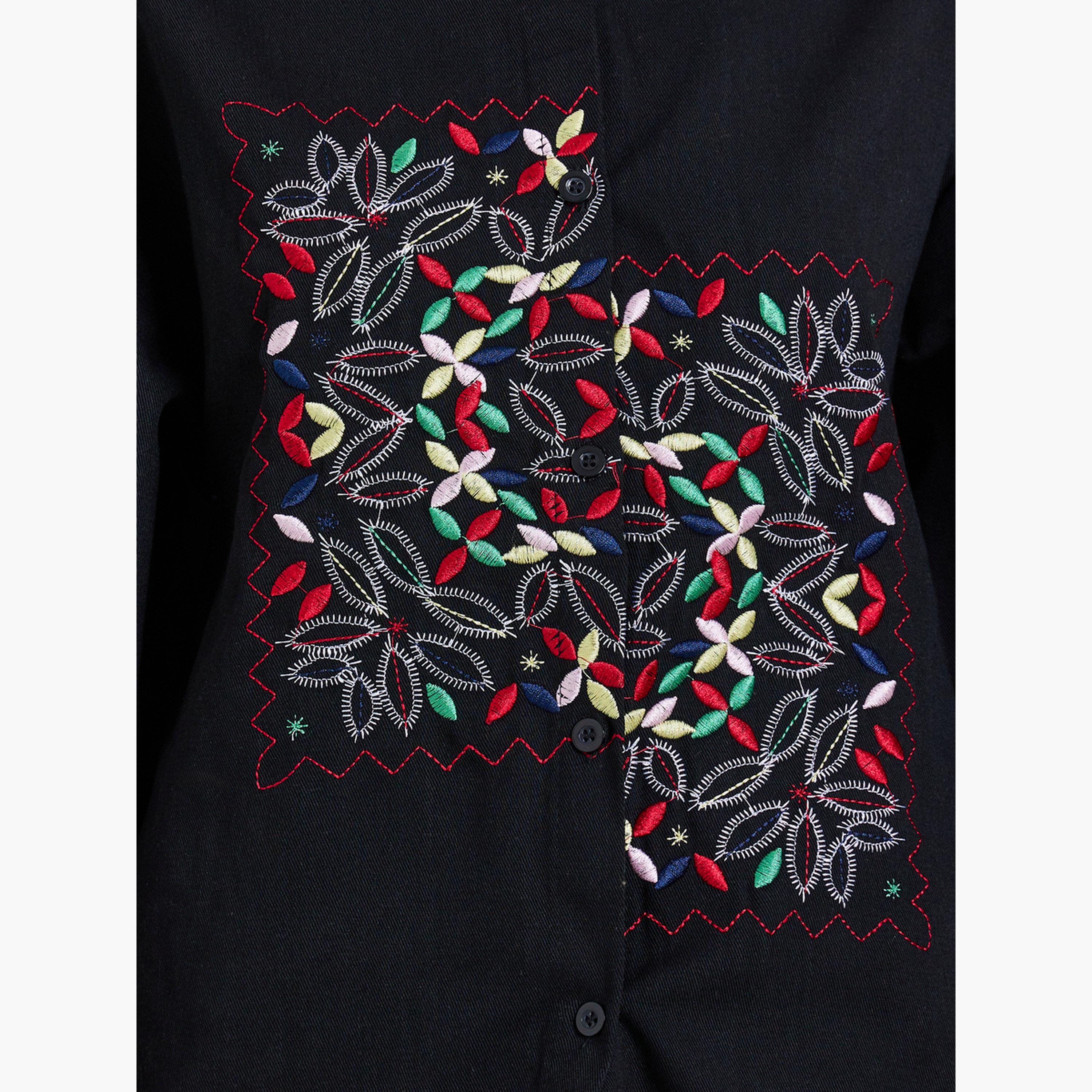 Styli Women Black Embroidered Floral Long Sleeve Shirt-women-clothing-shirtsandblouses-shirts-image-4