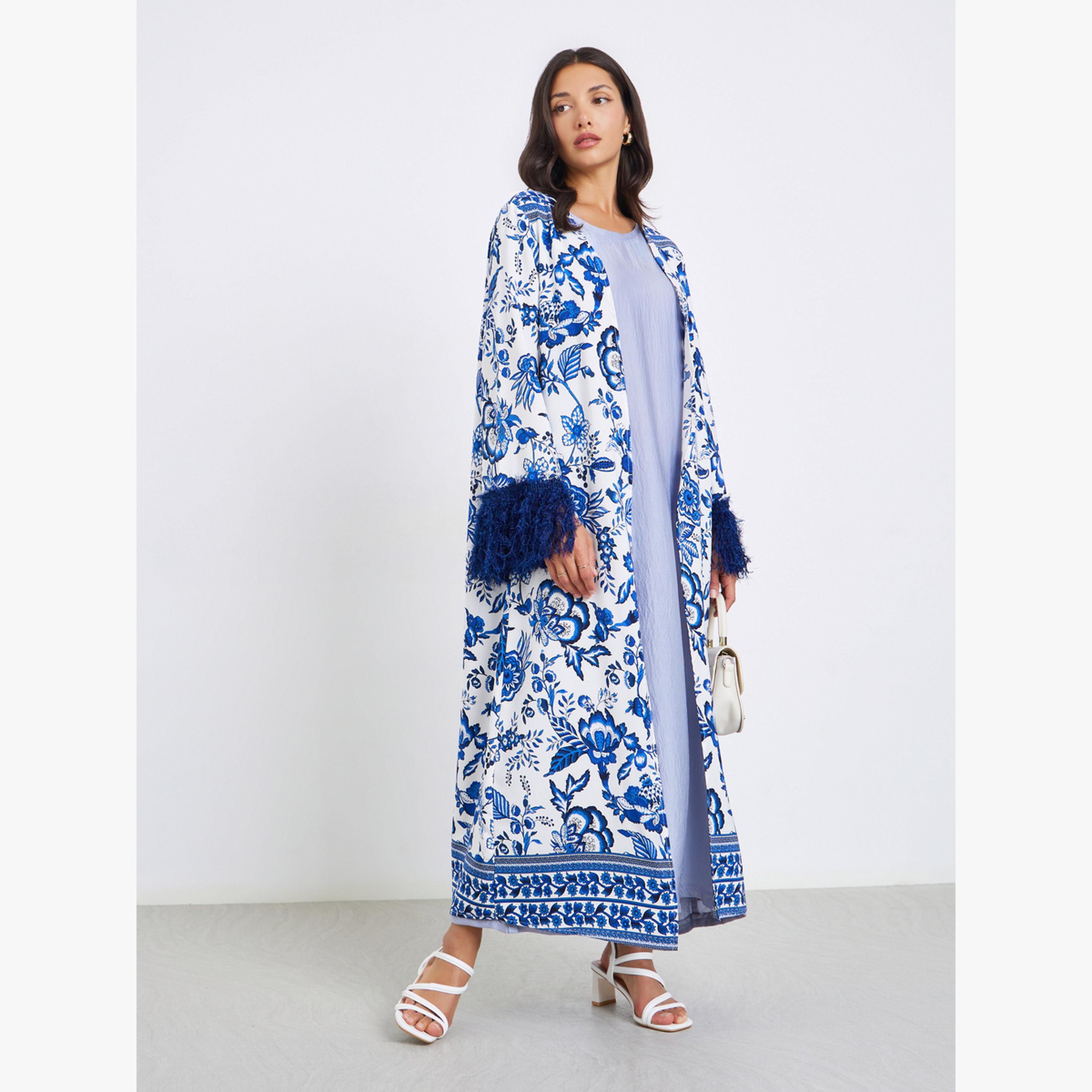 عباية بطبعة زهور وأكمام بشراشيب-women-arabicclothing-abayas-image-1