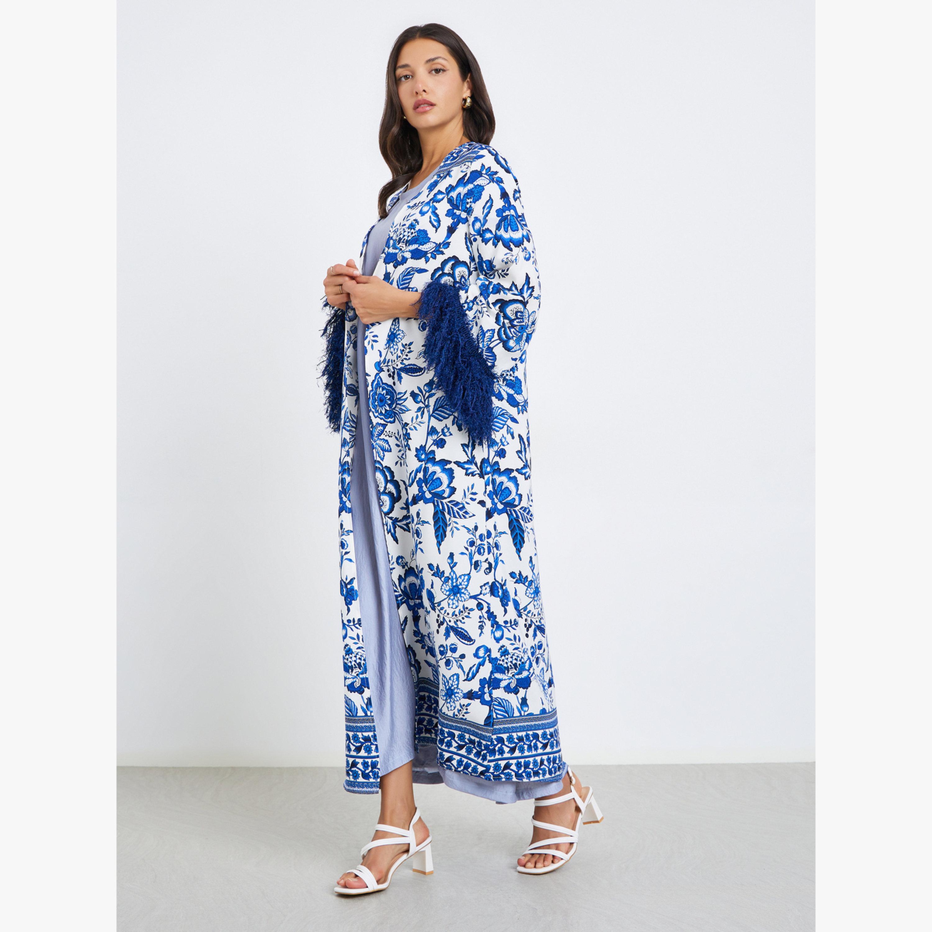 عباية بطبعة زهور وأكمام بشراشيب-women-arabicclothing-abayas-image-3