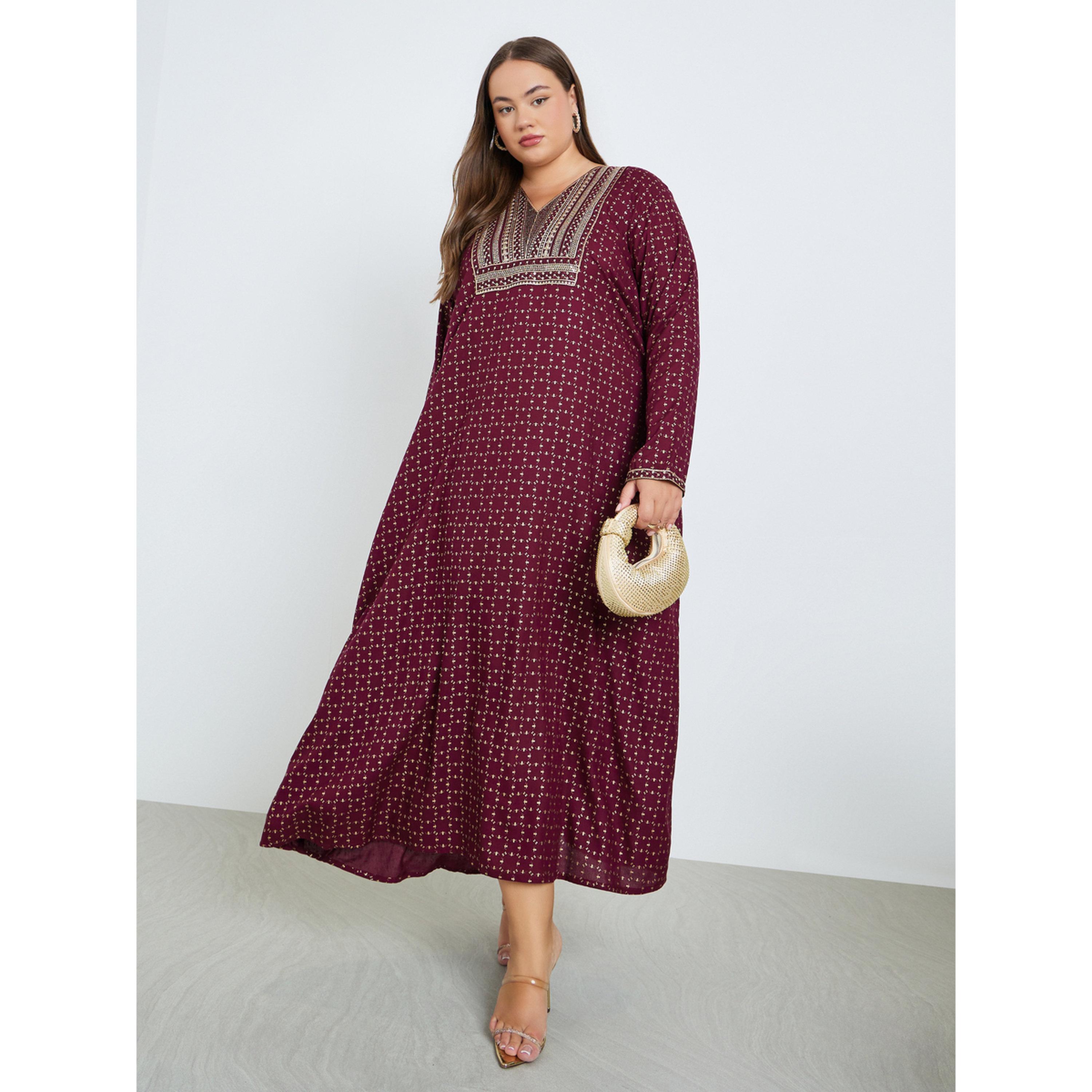 Styli Plus Size Maroon Embroidered Jalabiya-women-arabicclothing-jalabiyas-image-1